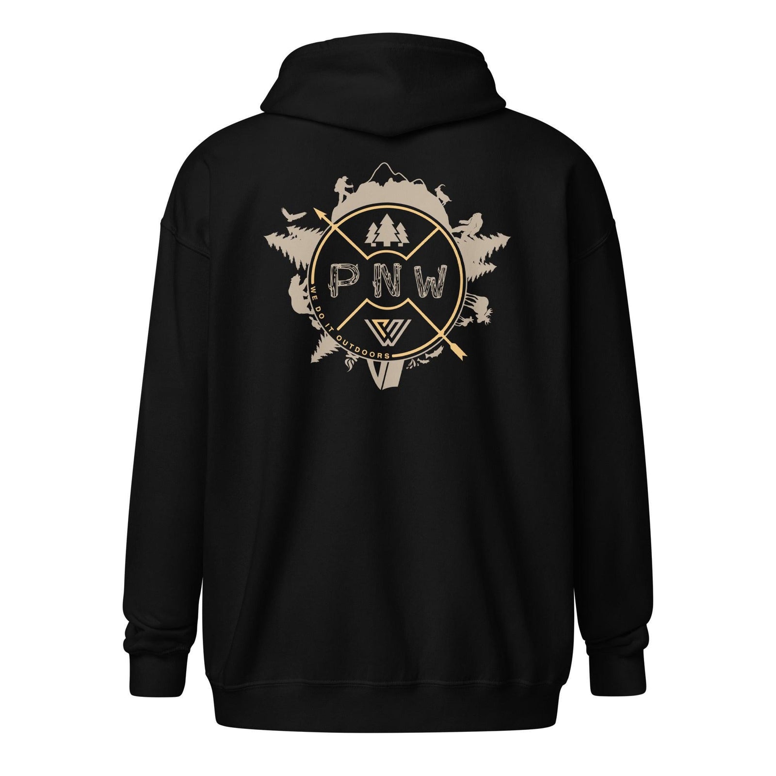 Black hoodie with 'PNW' compass rose logo on the back against a white background
