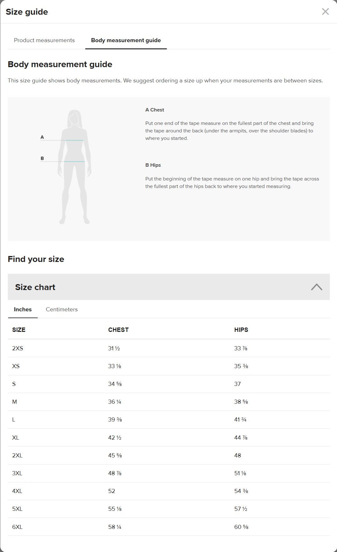 Size chart for women's bikini with measurements in inches and centimeters