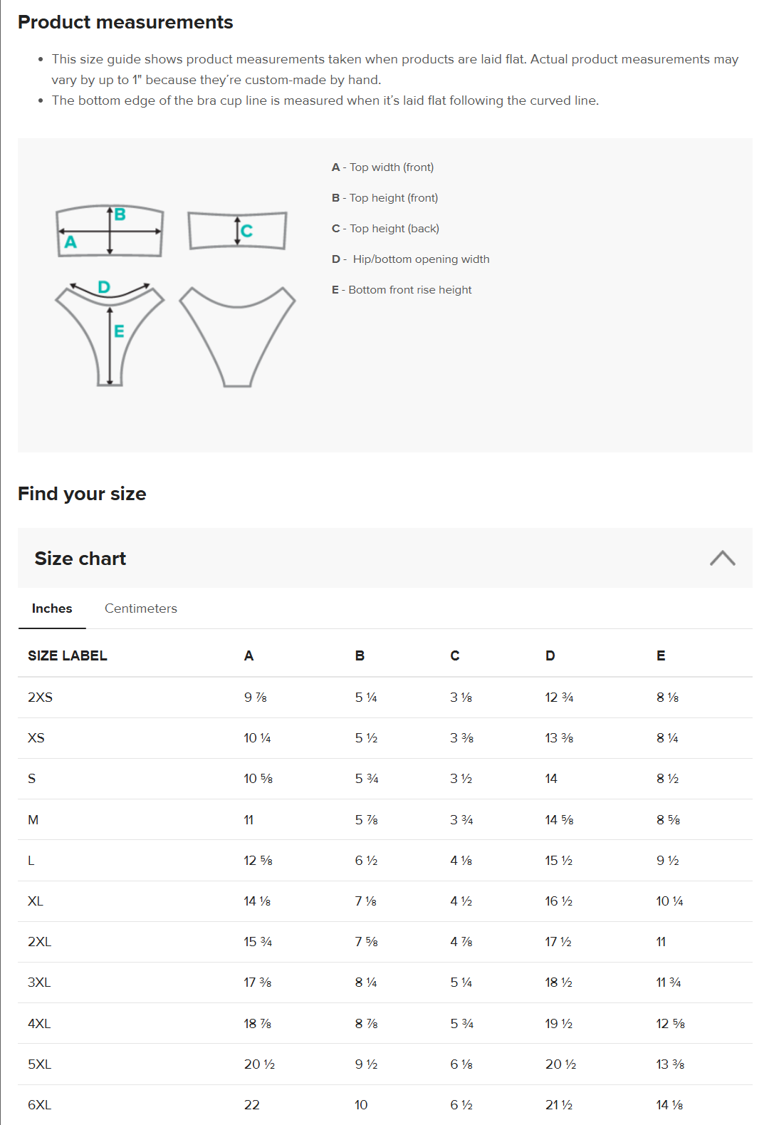 Size guide for women's bikini with measurements and size chart.