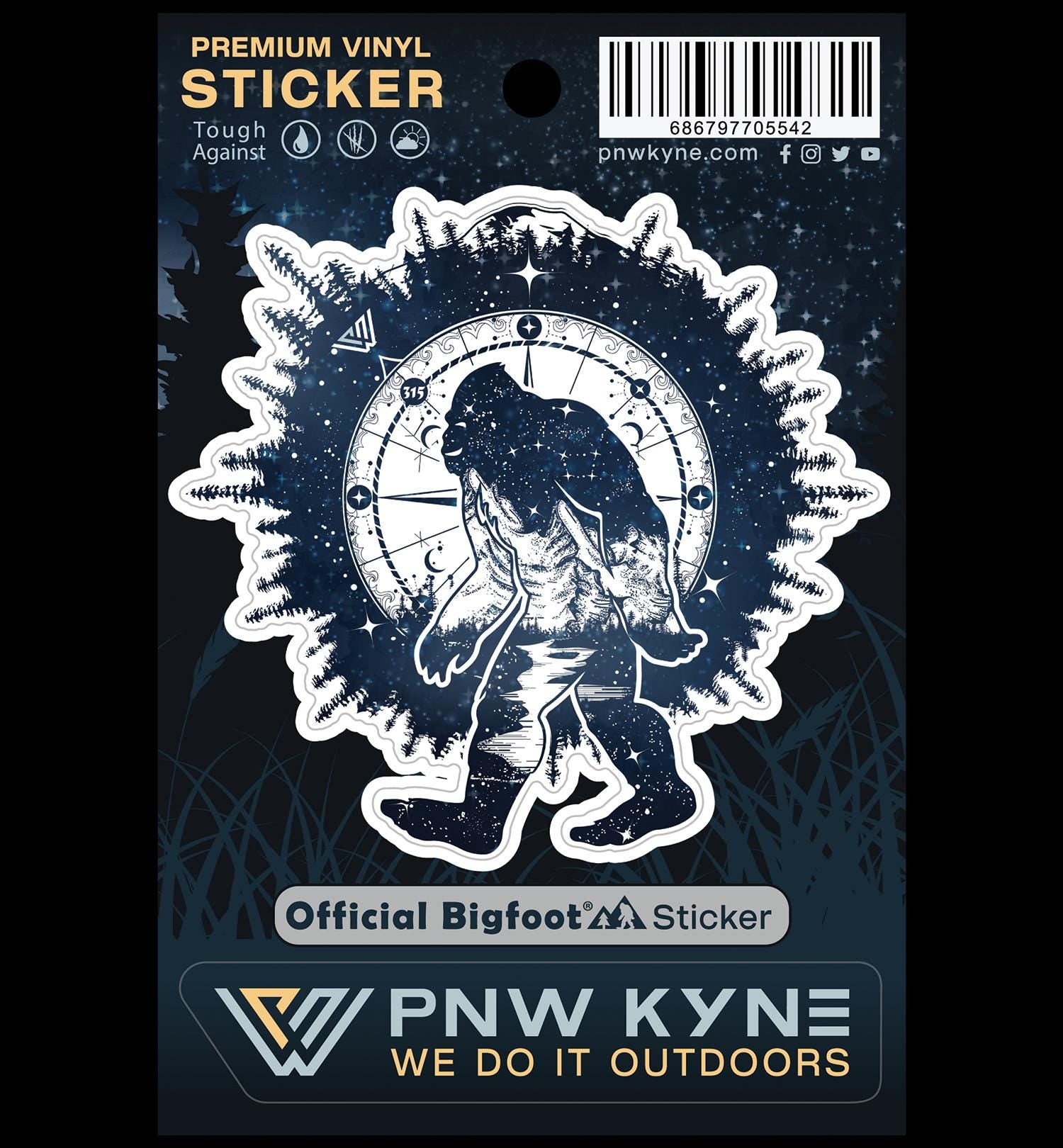 Bigfoot sticker on a dark celestial background with a compass rose and PNW KYNE branding