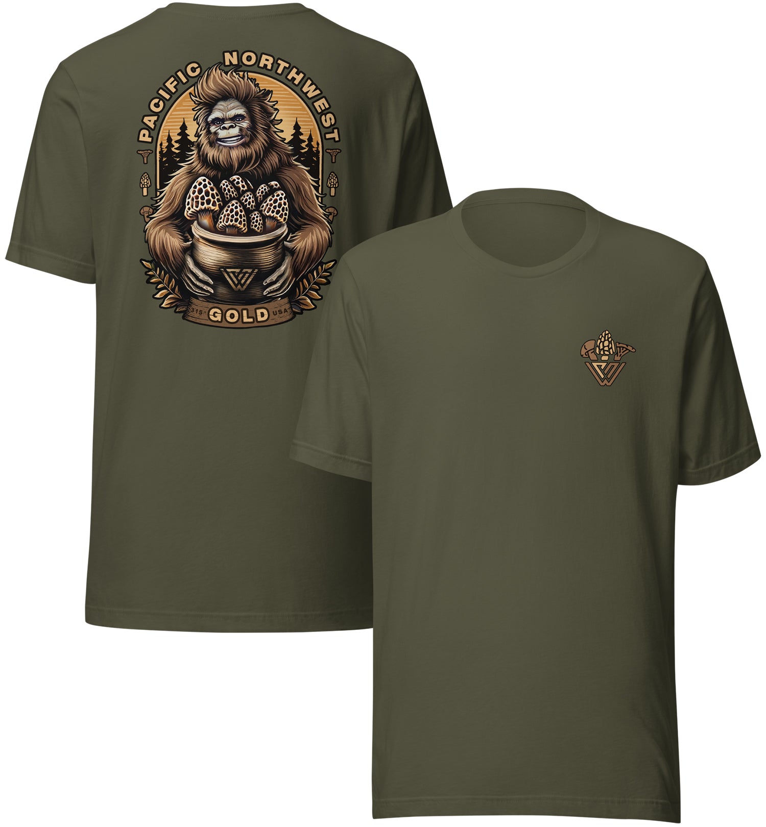 A short-sleeved, crew neck t-shirt in a green color with a back print of a cartoonish Bigfoot character holding morel mushrooms and a front chest print of a minimalist mushroom design.