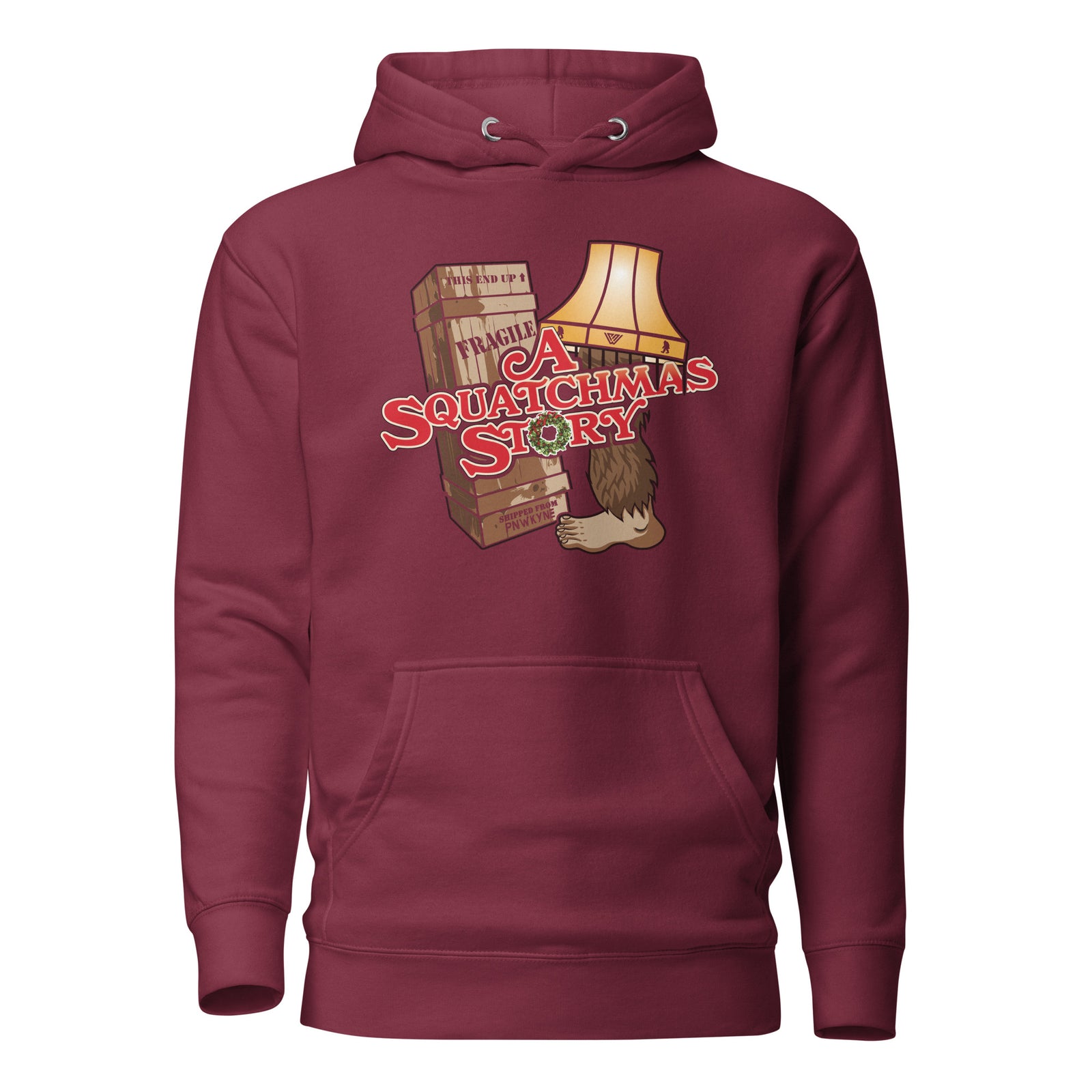 Maroon Christmas Story and Bigfoot themed hoodie with 'A Squatchmas Story' graphic design on a white background