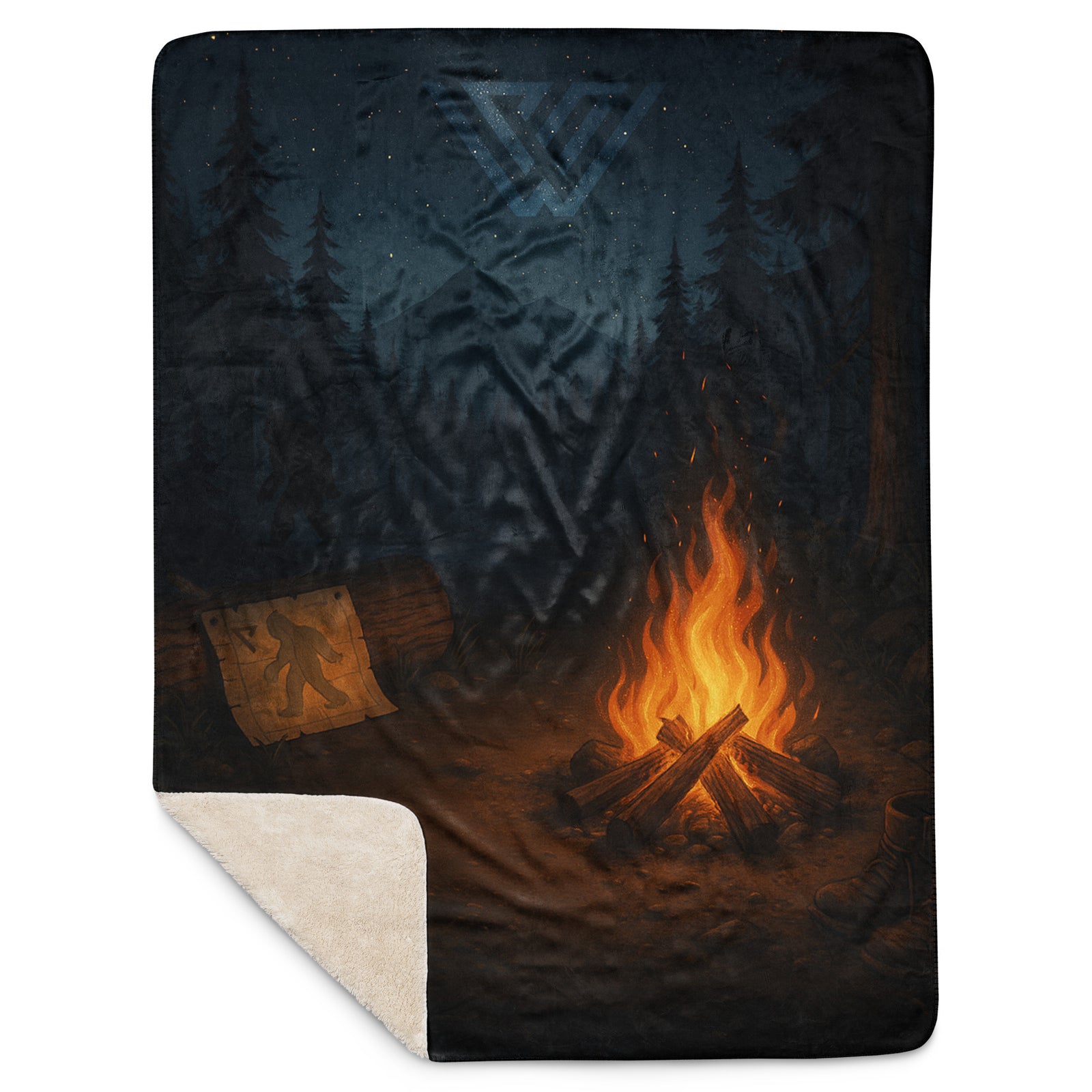 Blanket with a Pacific Northwest campfire and forest design with a sasquatch map on a dark background