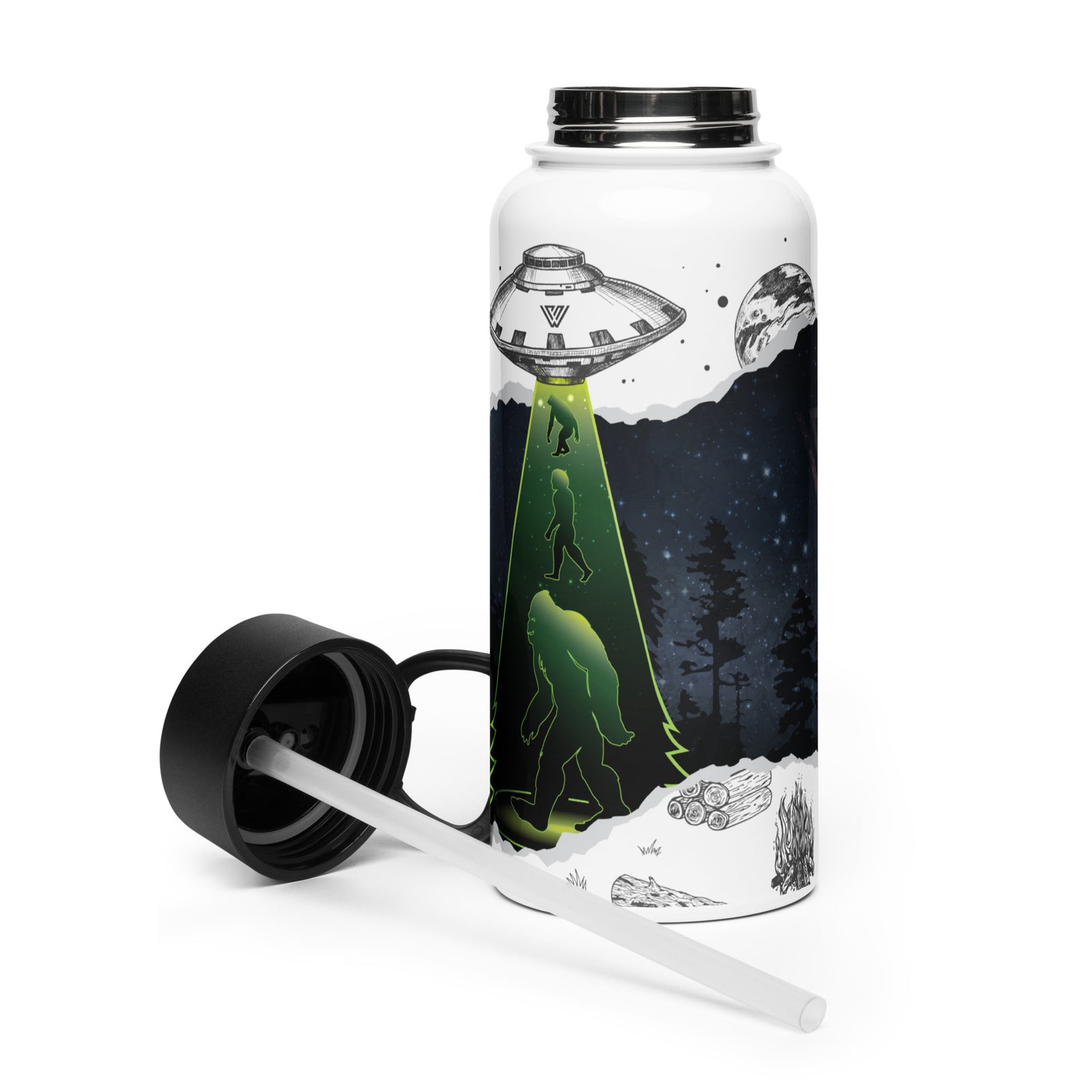 A 32 oz stainless steel water bottle with a scientific fiction design featuring a sasquatch, UFO, and night sky.