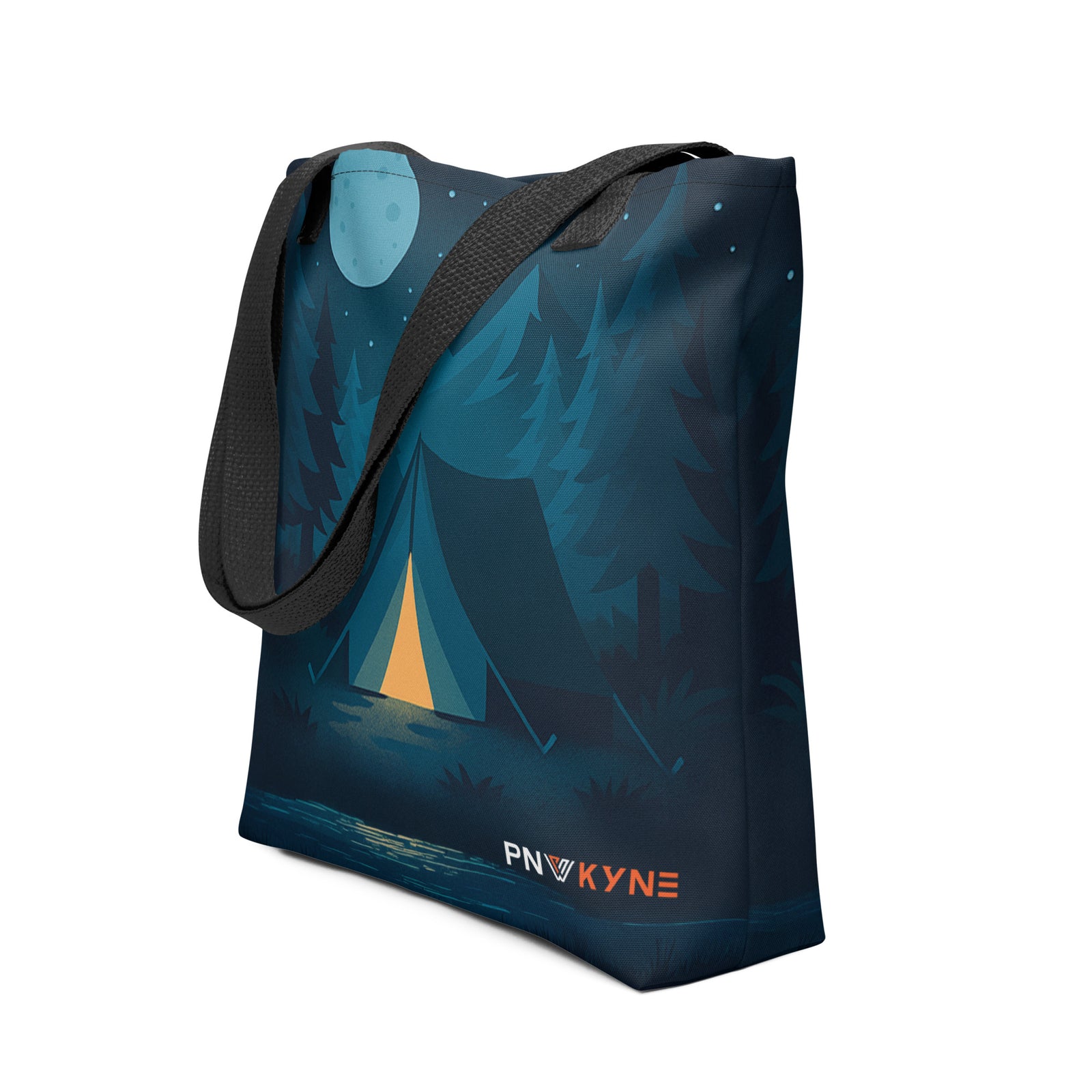 Tote bag with a nighttime forest and tent camping design featuring the brand 'PNW Kyne'.
