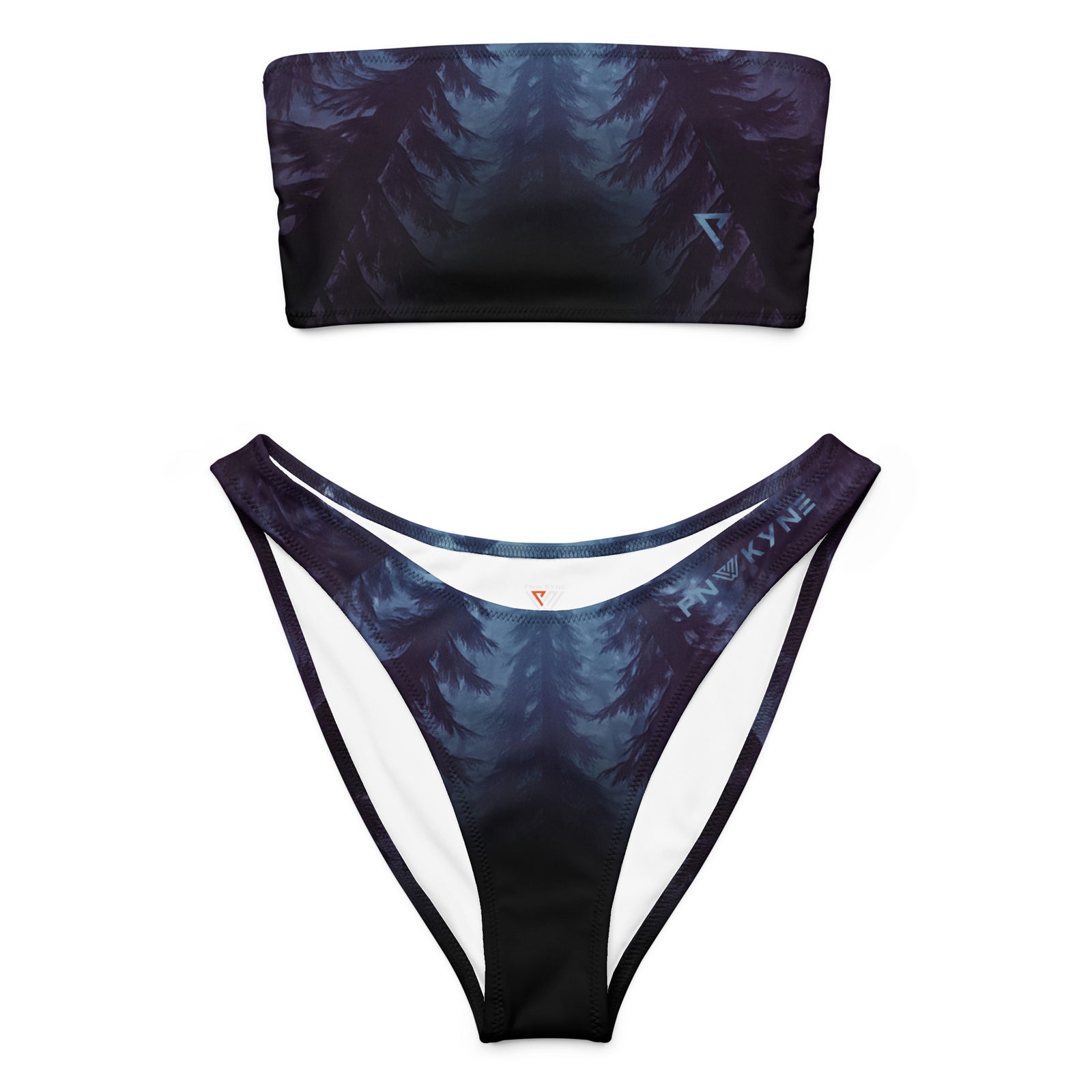 Bikini set with a blue and black night pine forest pattern on a white background
