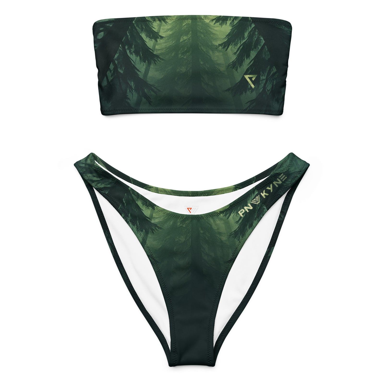 Green bikini set with pine tree pattern on a white background