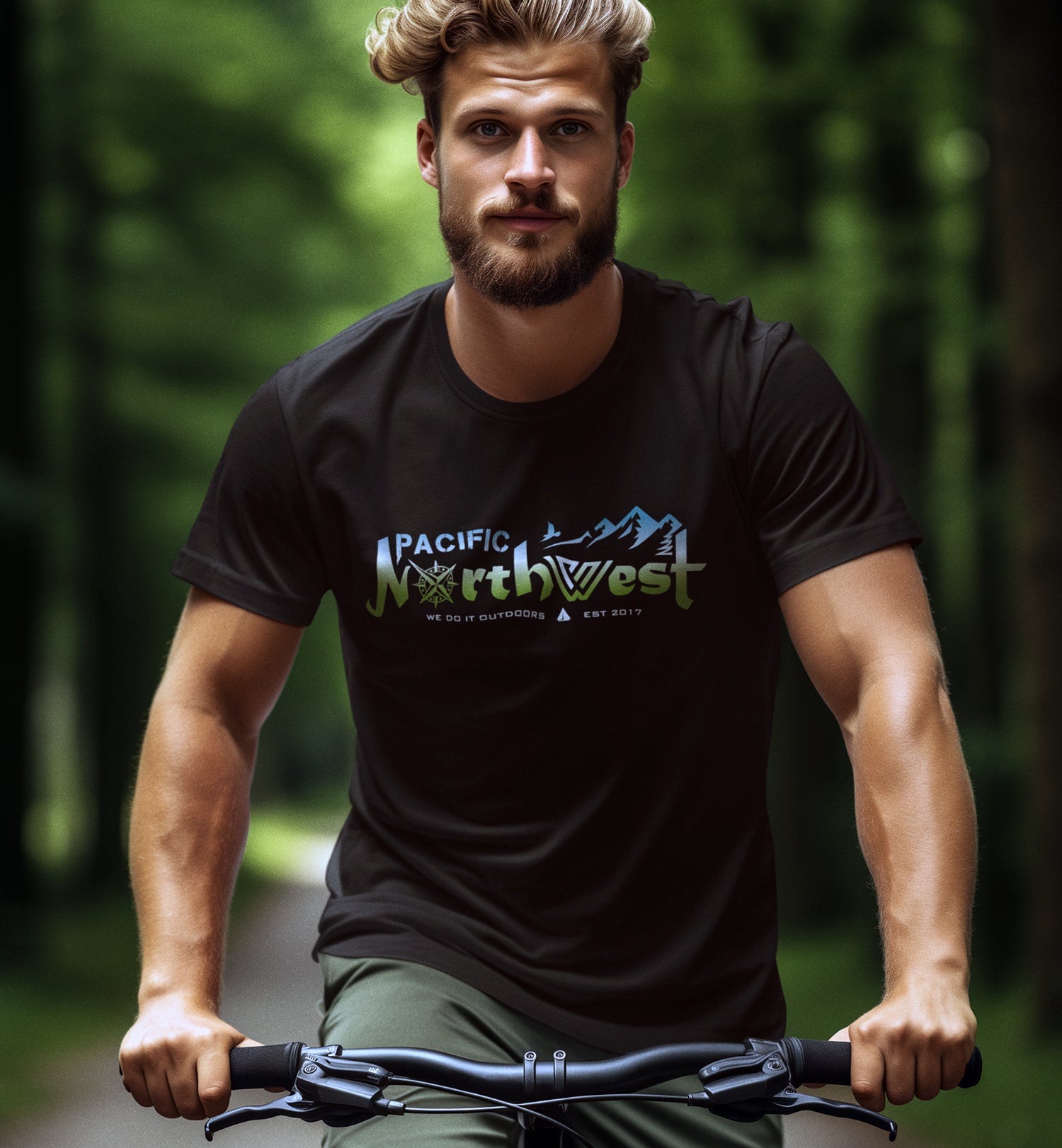 Man on a bike wearing a Northwest Skyline Shirt