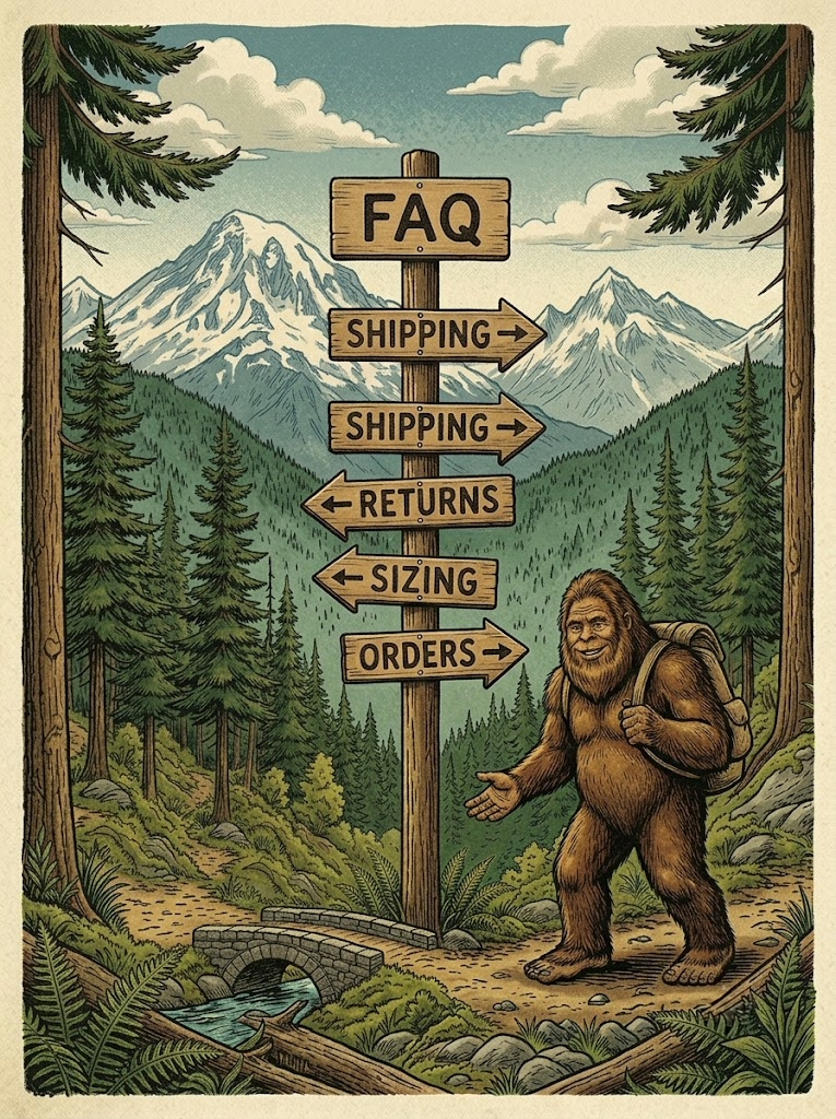 Vintage-style illustration of a Bigfoot standing beside a wooden FAQ signpost in a Pacific Northwest mountain forest, with signs for shipping, returns, sizing, and orders.