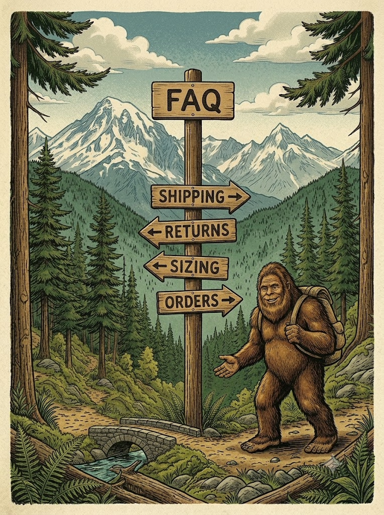Vintage-style illustration of a Bigfoot standing beside a wooden FAQ signpost in a Pacific Northwest mountain forest, with signs for shipping, returns, sizing, and orders.