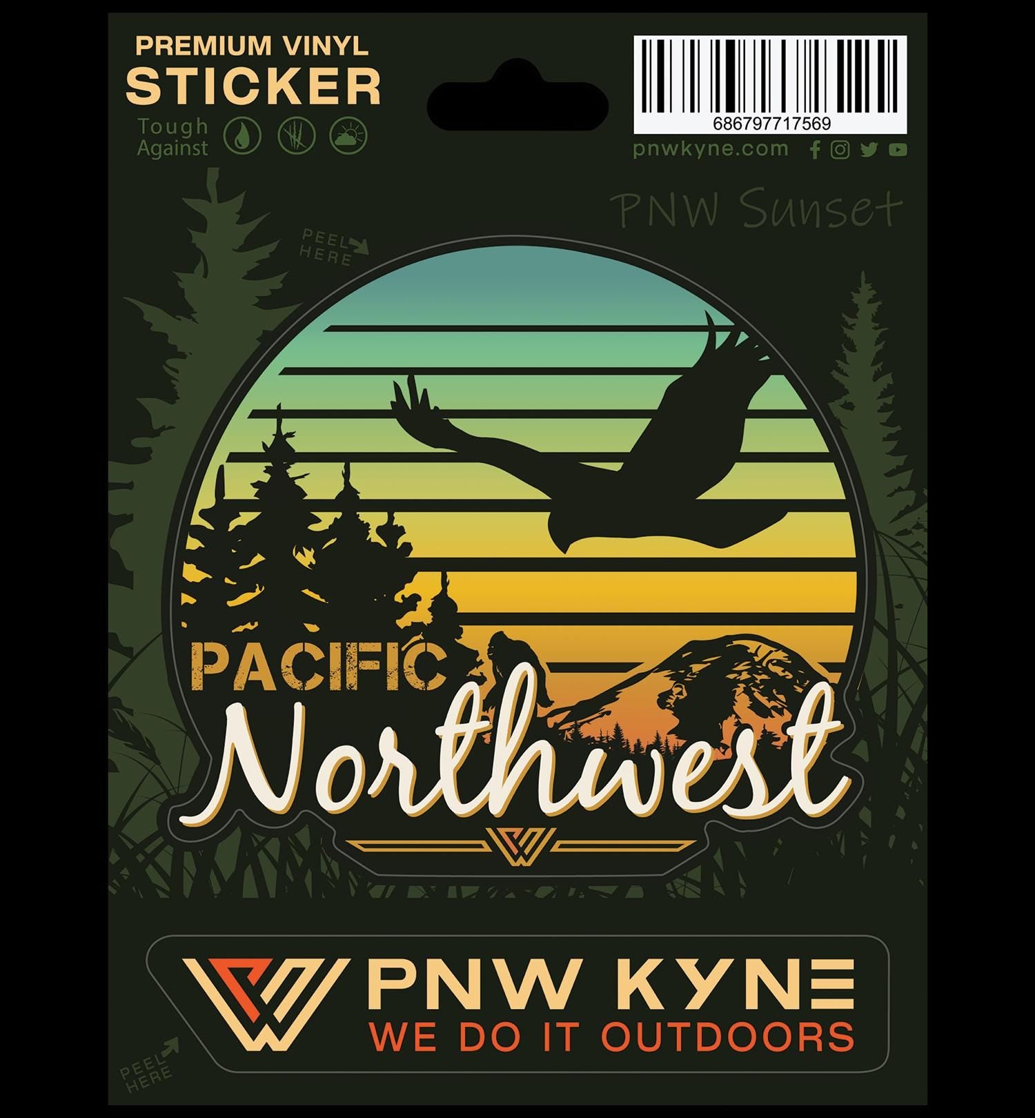 Premium vinyl sticker with Pacific Northwest retro sunset design and PNW KYNE branding.