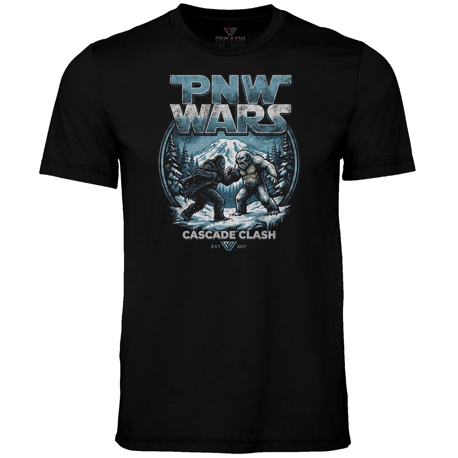 Black t-shirt with 'PNW Wars' graphic design featuring two bears and mountain.