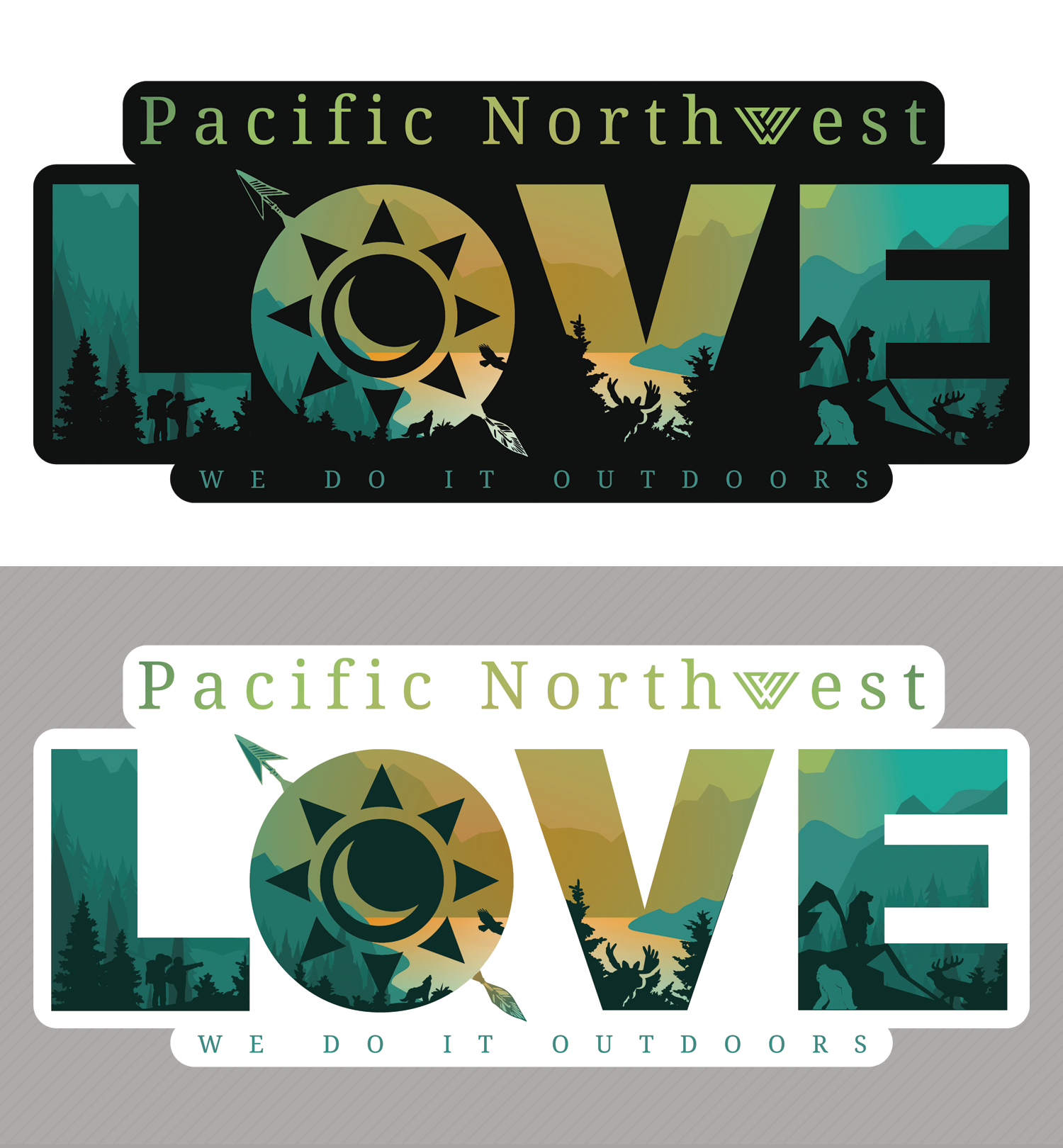 Two 'Pacific Northwest LOVE' stickers with nature-themed designs