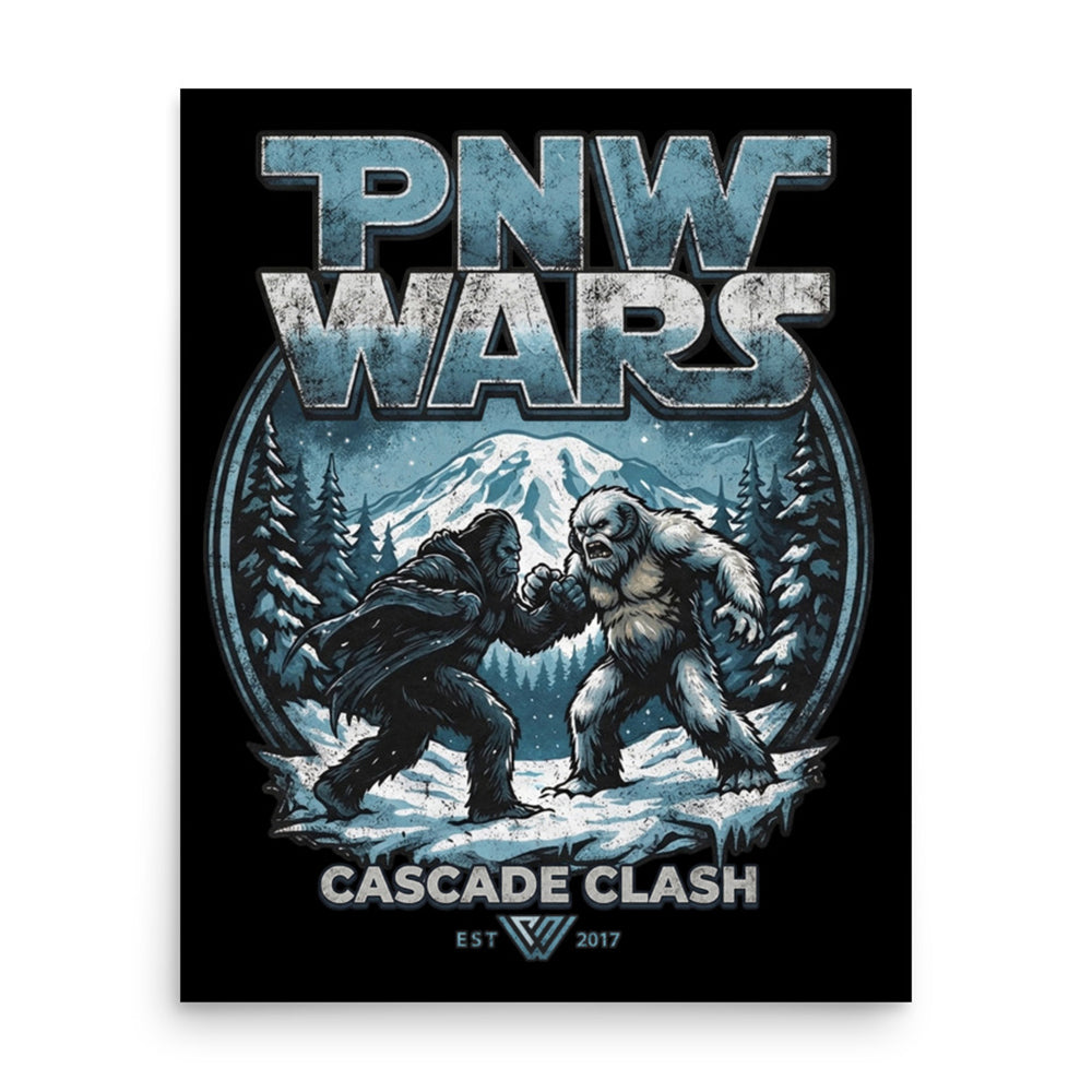 Poster with 'PNW Wars' and 'Cascade Clash' text, featuring sasquatch and yeti in a snowy landscape.