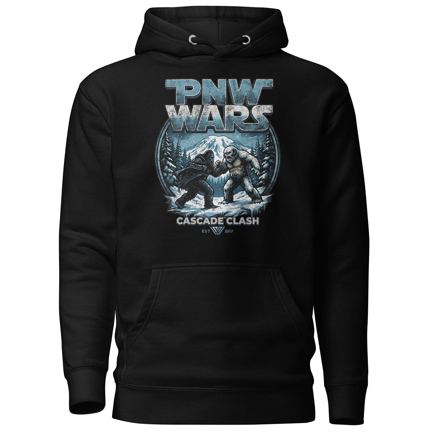 Black hoodie with 'PNW Wars' graphic design featuring bears and mountains on a white background