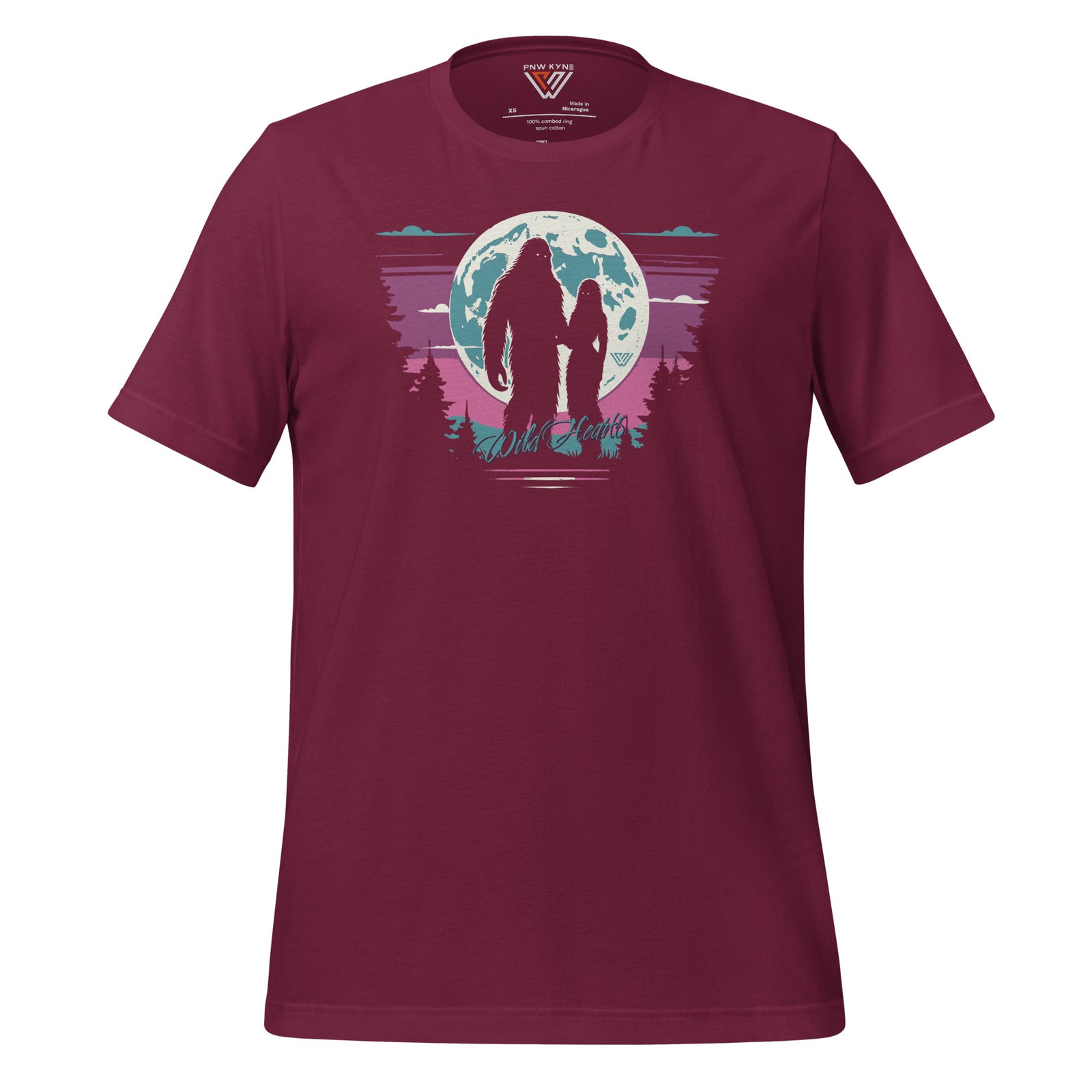 Maroon t-shirt with a Bigfoot couple and 'Wild Hearts' text on a white background