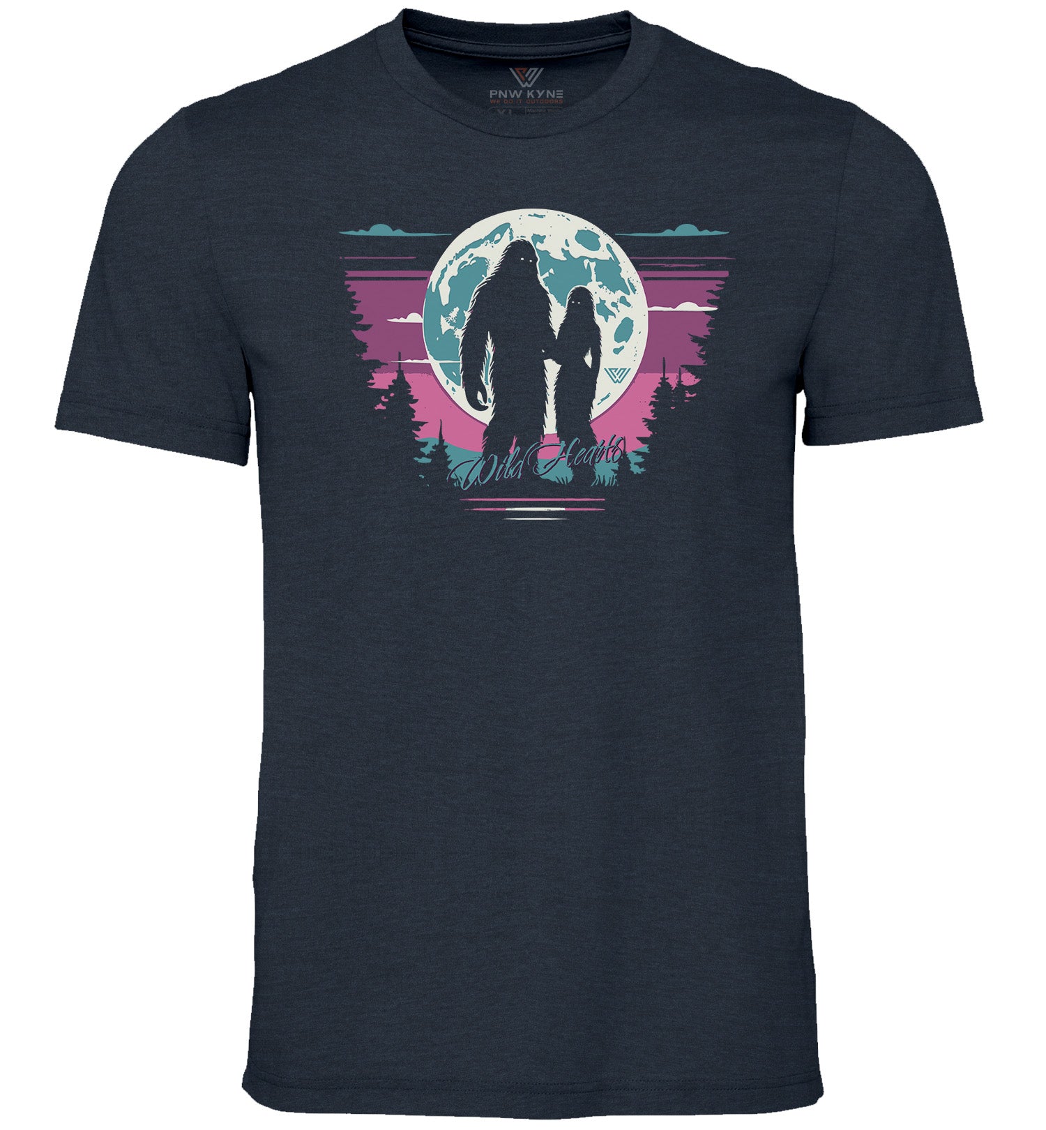 A blue short-sleeved crew neck t-shirt with a graphic print of a Bigfoot couple standing under a heart-shaped moon, with pink and blue silhouettes of trees and sky in the background.