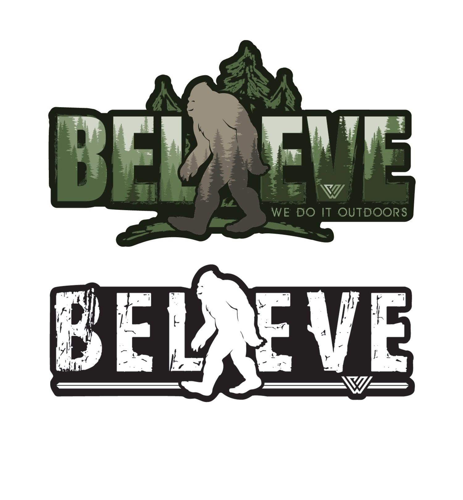 Two Bigfoot 'BELIEVE' stickers featuring a Bigfoot silhouette with green and white text on a white background.