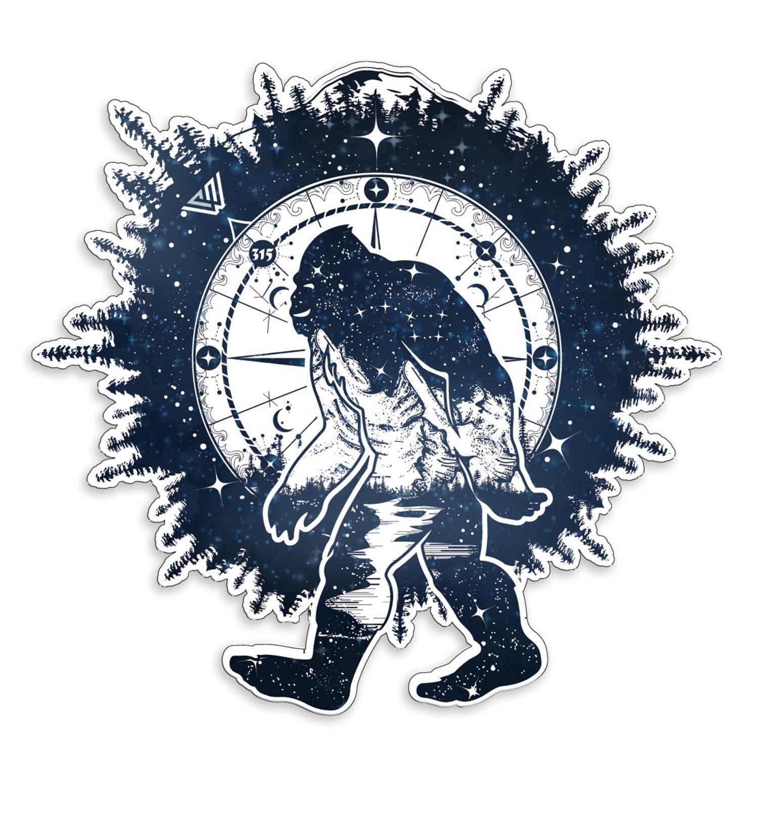 Sticker design of a sasquatch holding a with a celestial background