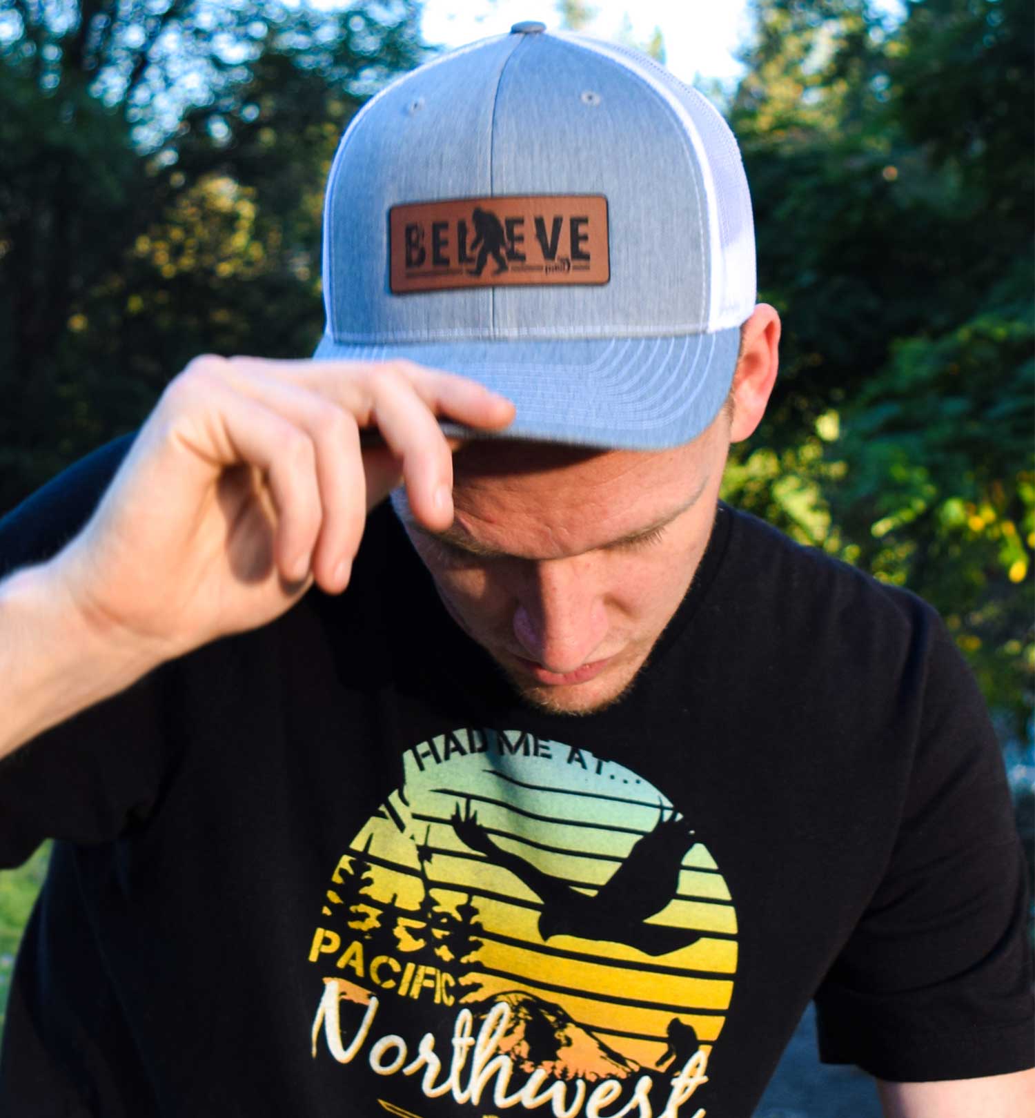 Bigfoot Hat - Believe Trucker Snapback - Heather Grey/White Lifestyle