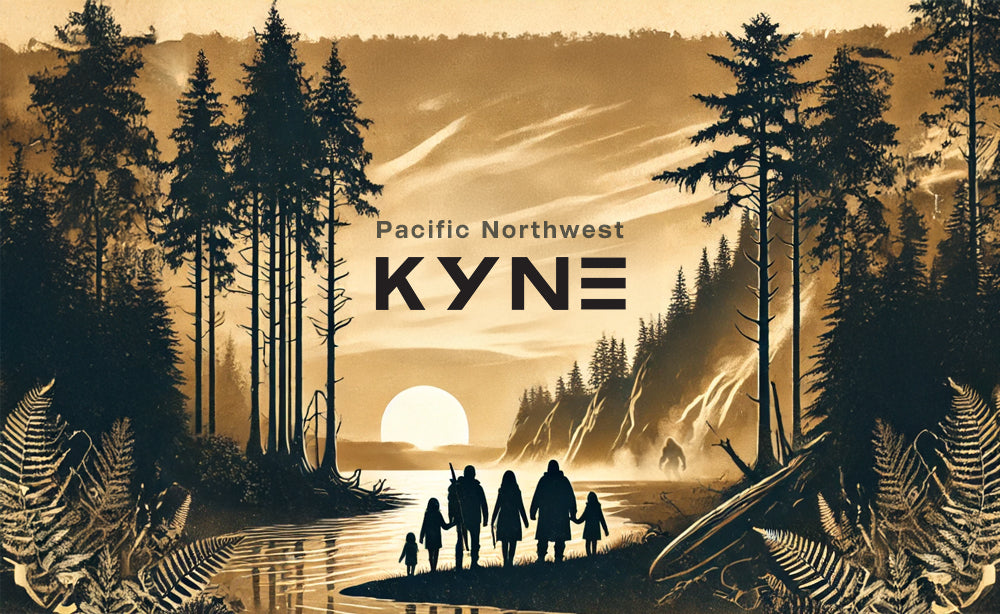 PNW Kyne family silhouette in a Pacific Northwest forest landscape with Bigfoot in the distance