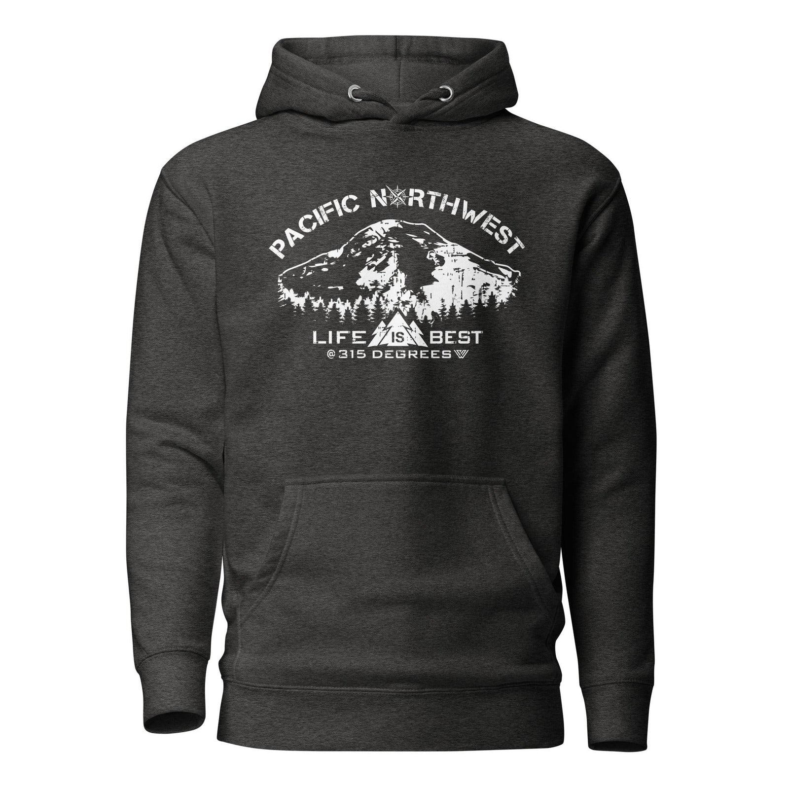 Navy hoodie with white Mt. Rainier PNW graphic and the text "Life is best at 315 degrees" on a white background