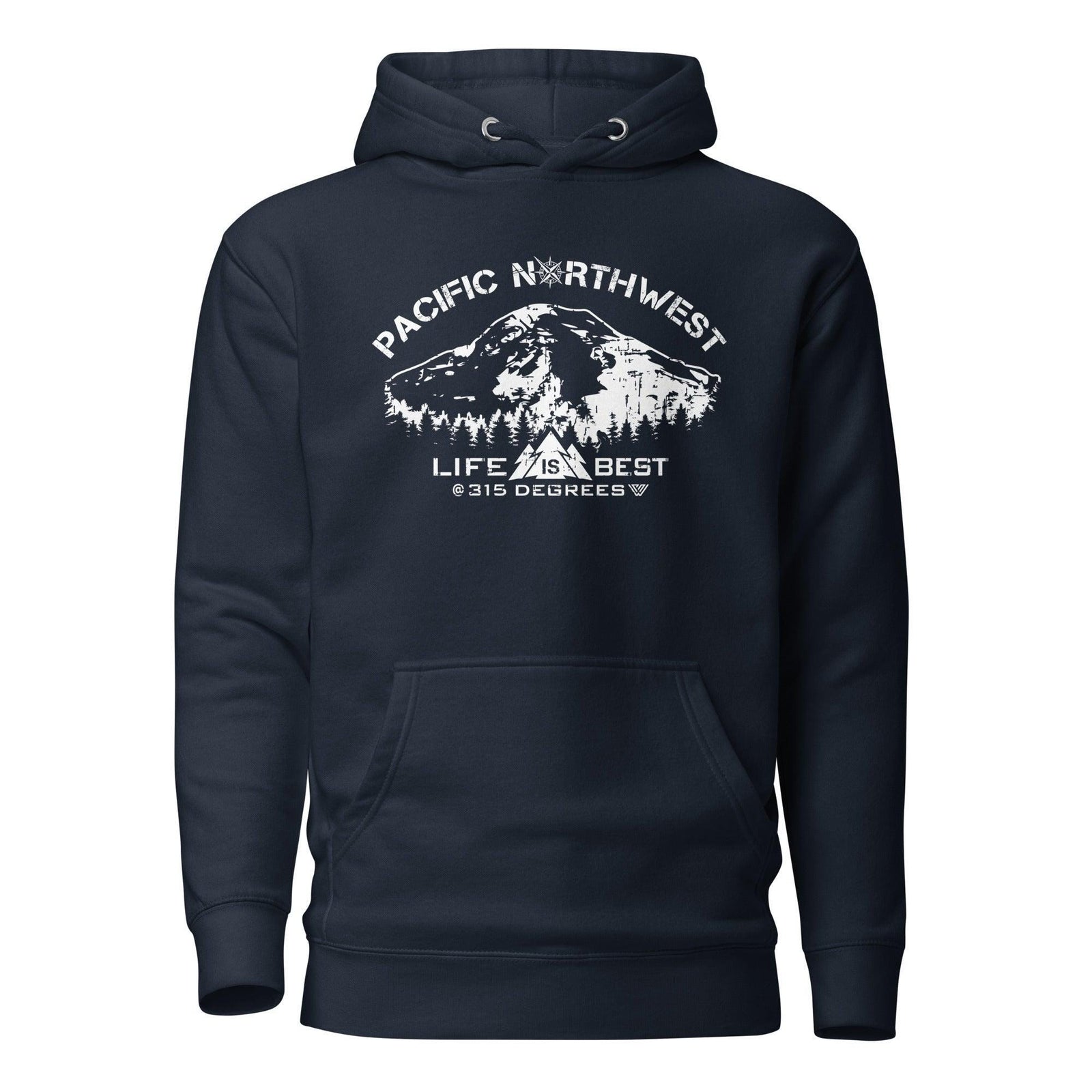 Navy hoodie with white Mt. Rainier PNW graphic and the text "Life is best at 315 degrees" on a white background