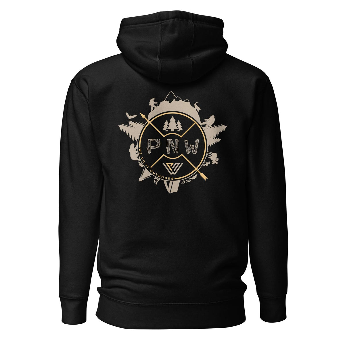 Black hoodie with PNW compass rose surrounded by trees and animals graphic on the back against a white background