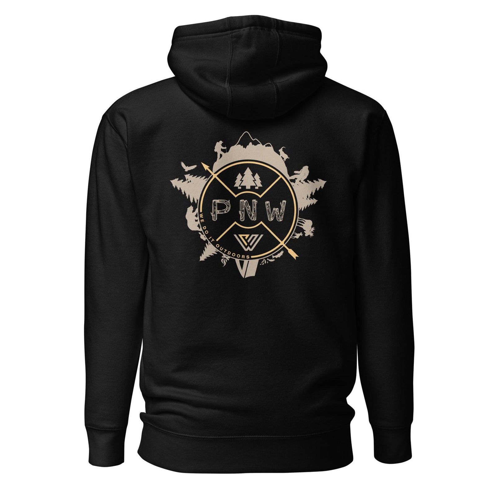 Black hoodie with PNW compass rose surrounded by trees and animals graphic on the back against a white background