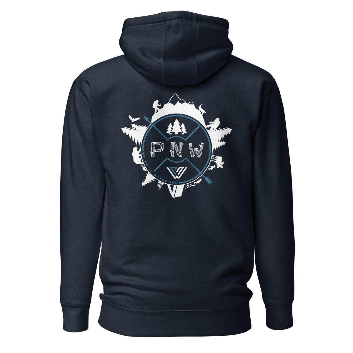 Dark blue hoodie with PNW compass rose surrounded by trees and animals graphic on the back against a white background