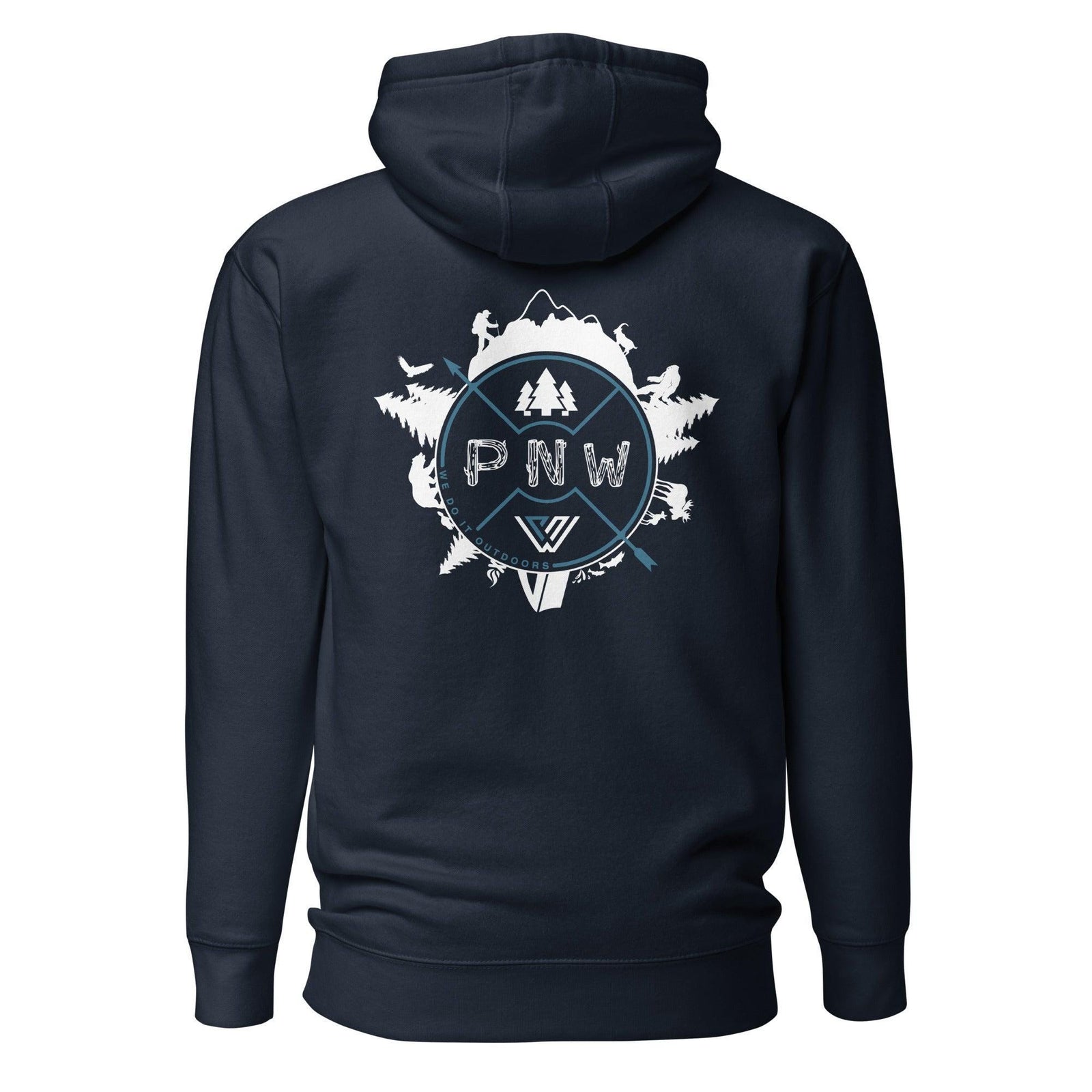 Dark blue hoodie with PNW compass rose surrounded by trees and animals graphic on the back against a white background