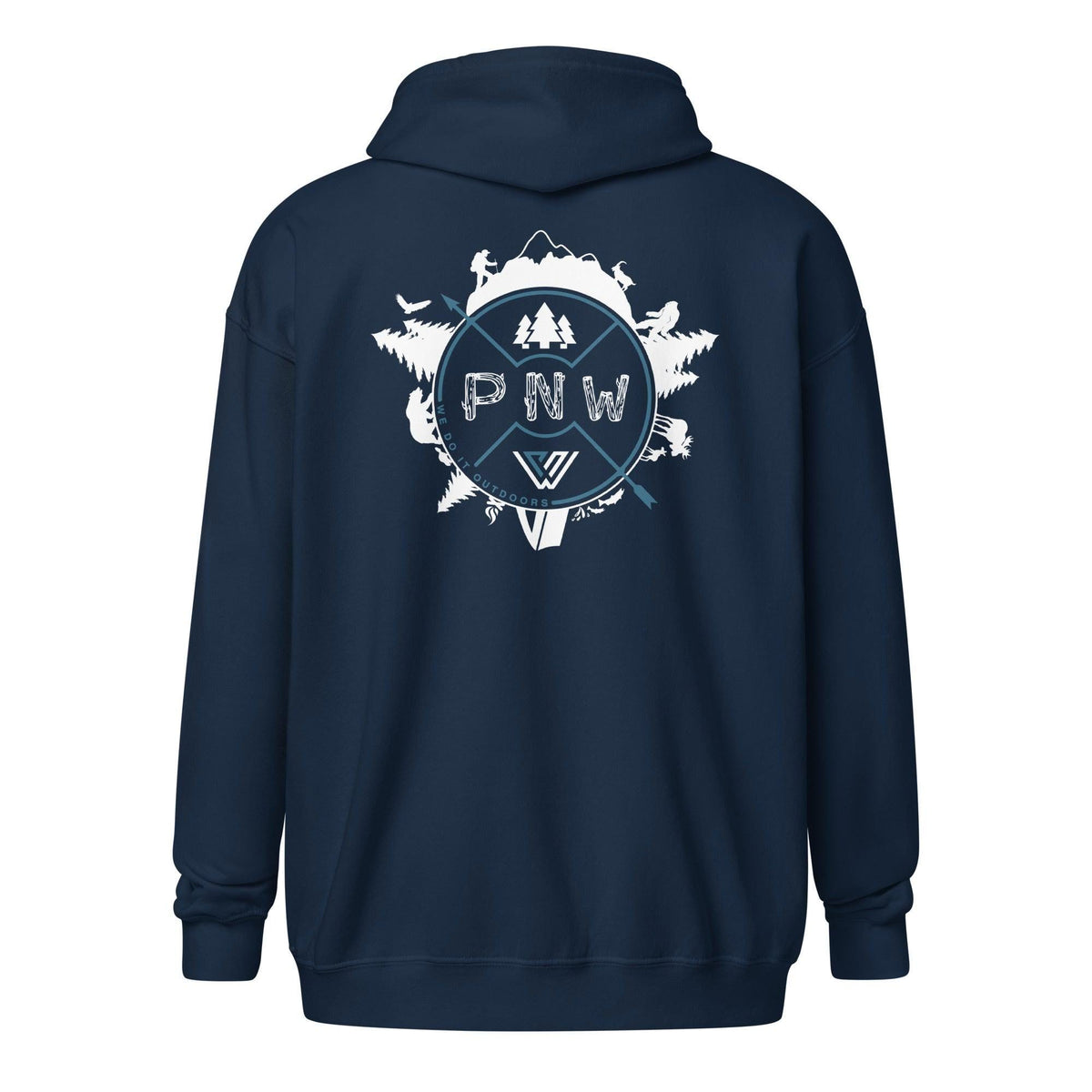 Navy blue hoodie with 'PNW' logo on the back against a white background
