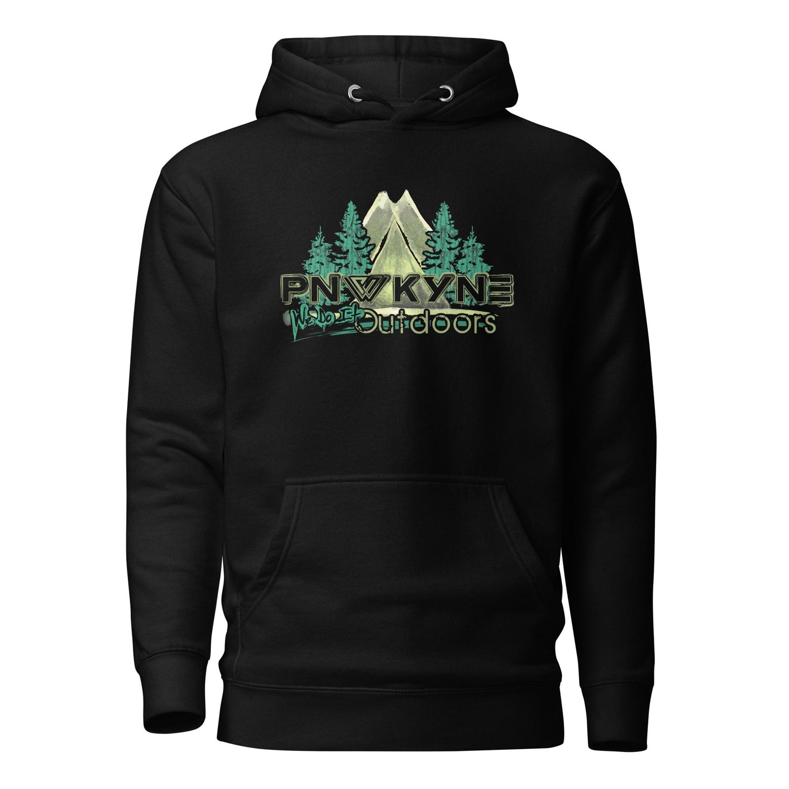 Black hoodie with a mountain and forest design and 'PNW Kyne Outdoors' text on a white background