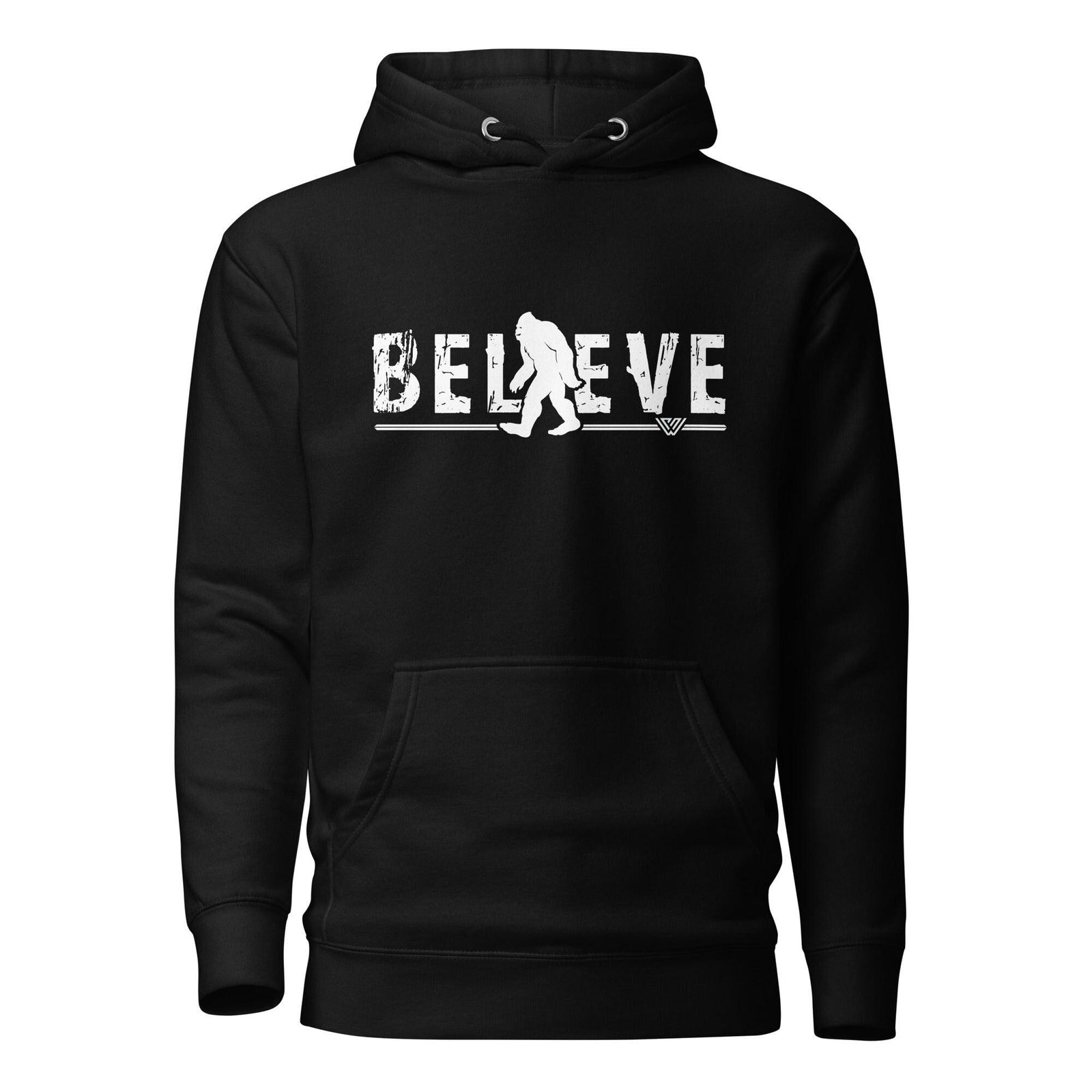 Black hoodie with a Believe graphic featuring Bigfoot in place of the letter I on a white background