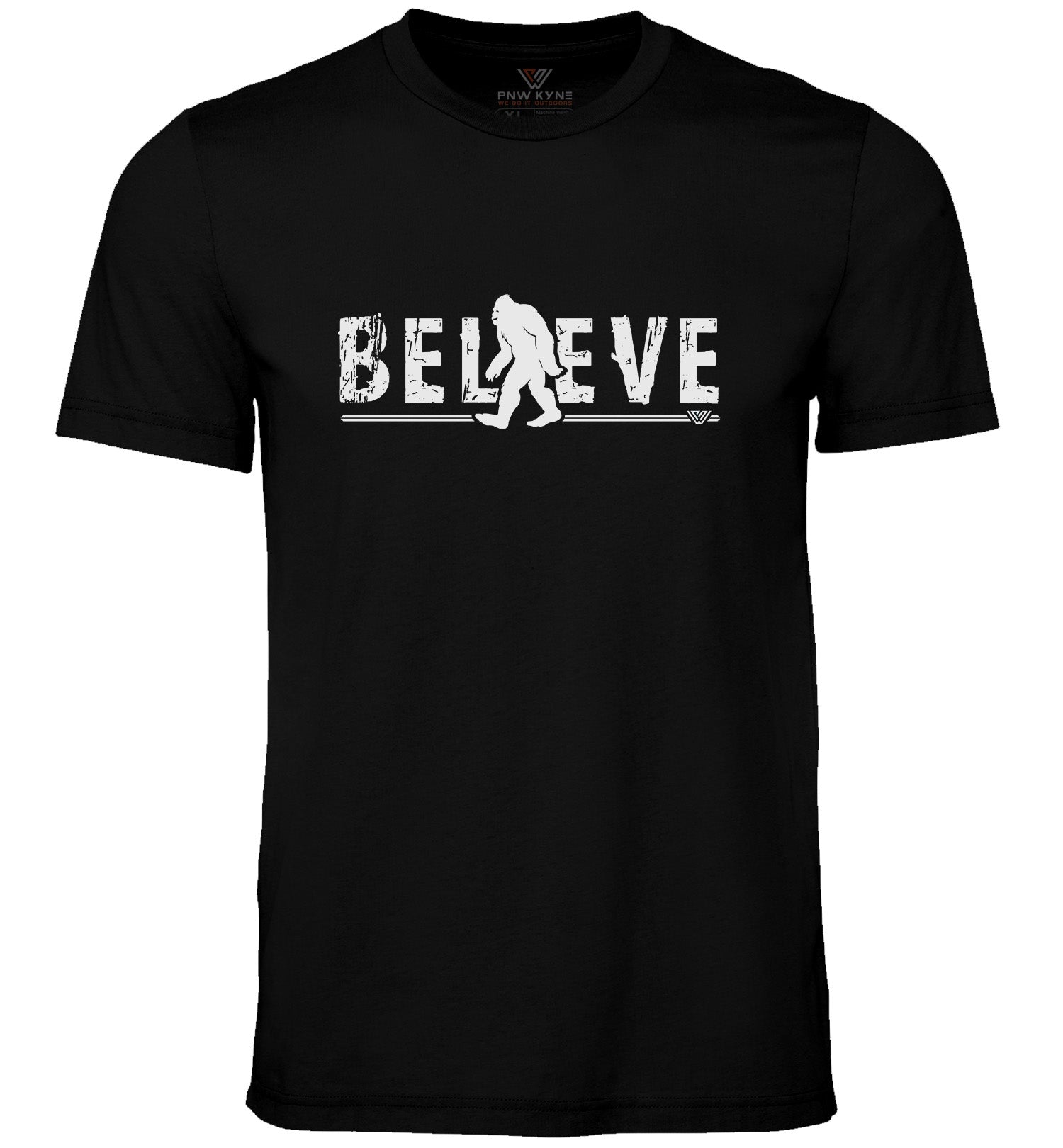 Maroon t-shirt with 'BELIEVE' and a silhouette of a sasquatch on a white background