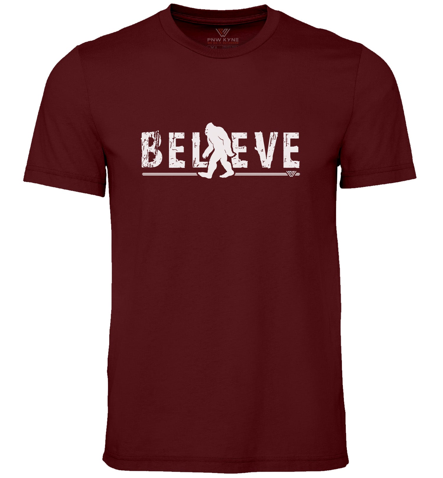 Maroon t-shirt with 'BELIEVE' and a silhouette of a sasquatch on a white background