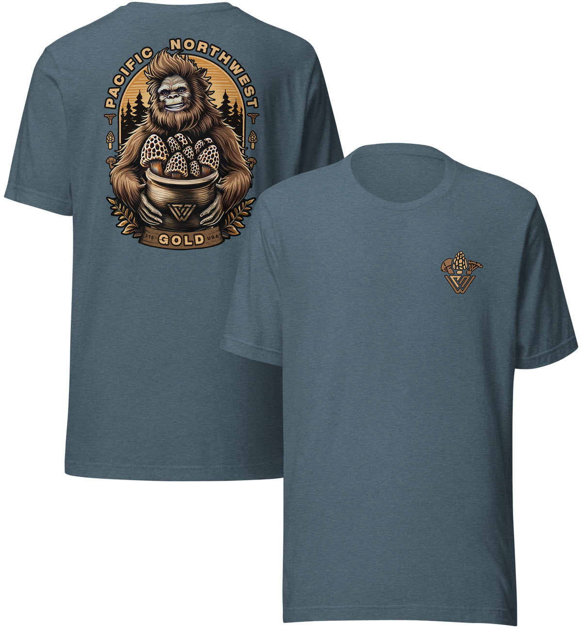 A short-sleeved, crew neck t-shirt in a blue color with a back print of a cartoonish Bigfoot character holding morel mushrooms and a front chest print of a minimalist mushroom design.