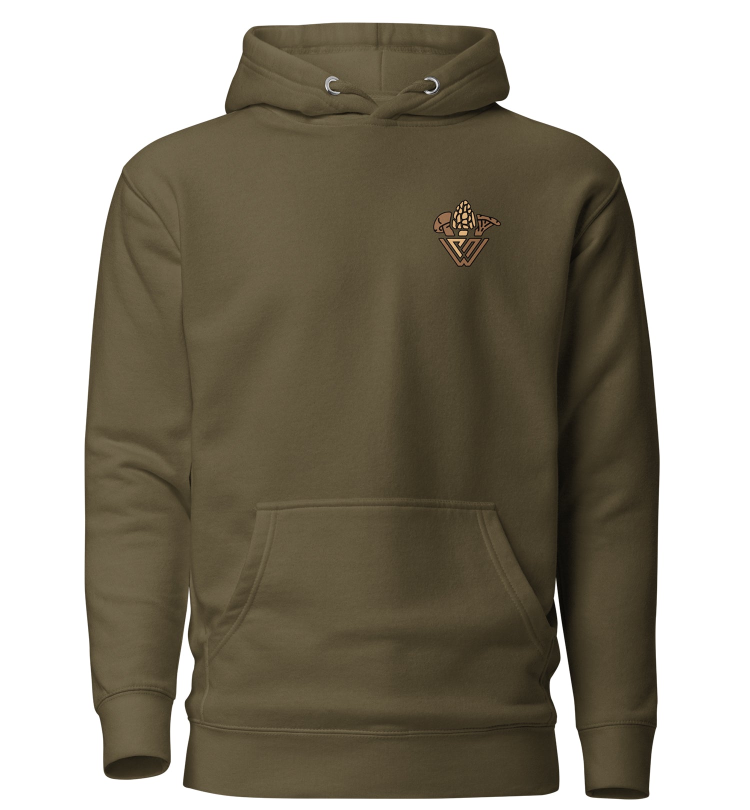 A pullover hoodie in green color with a graphic print on the back featuring a legendary sasquatch character with morel mushrooms and text 'Pacific Northwest Gold'.