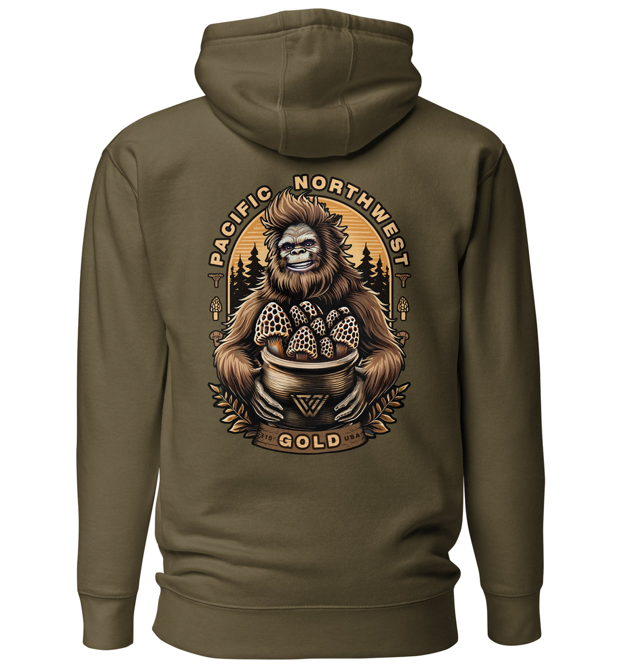 A pullover hoodie in green color with a graphic print on the back featuring a legendary sasquatch character with morel mushrooms and text 'Pacific Northwest Gold'.