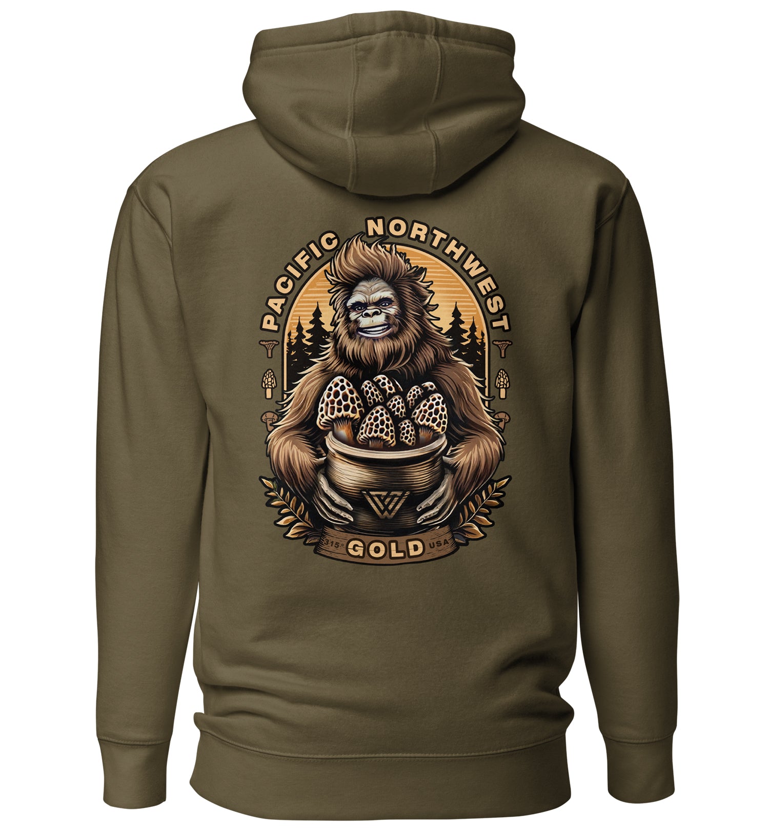 A pullover hoodie in green color with a graphic print on the back featuring a legendary sasquatch character with morel mushrooms and text 'Pacific Northwest Gold'.