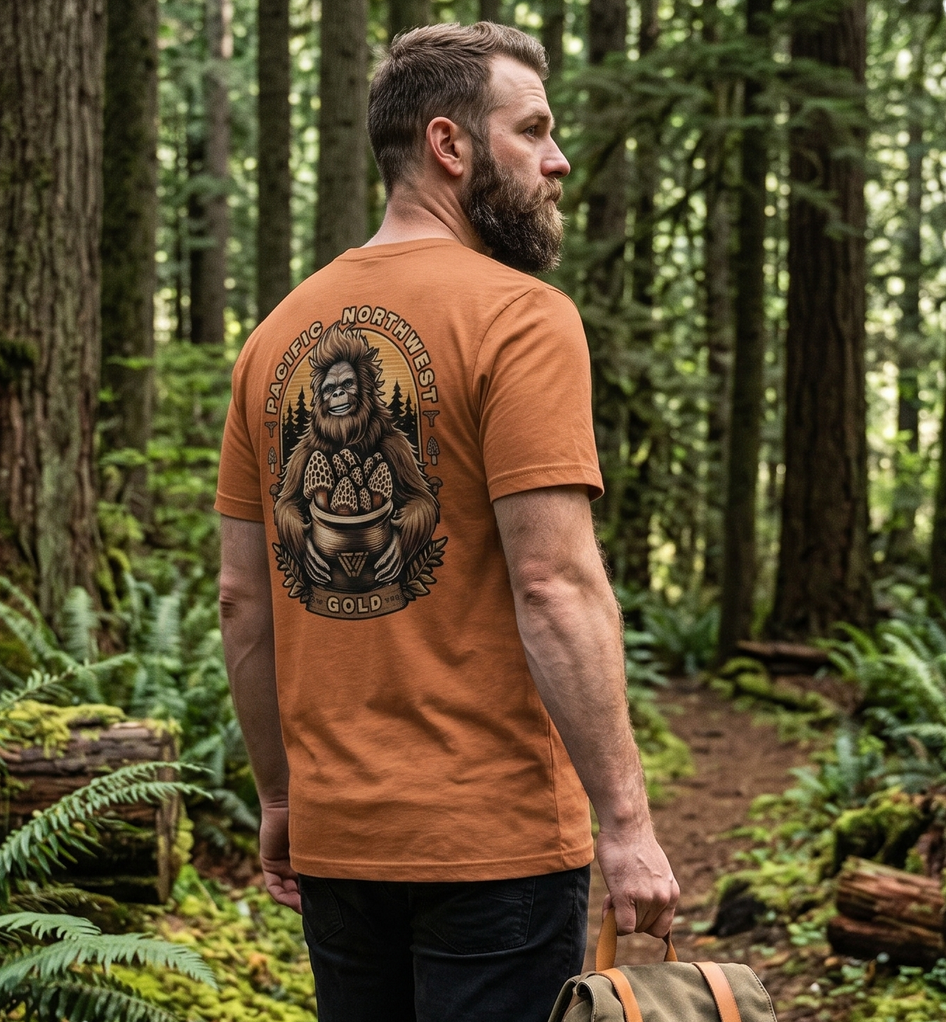 Man walking through a forest wearing a Bigfoot PNW Gold t-shirt.