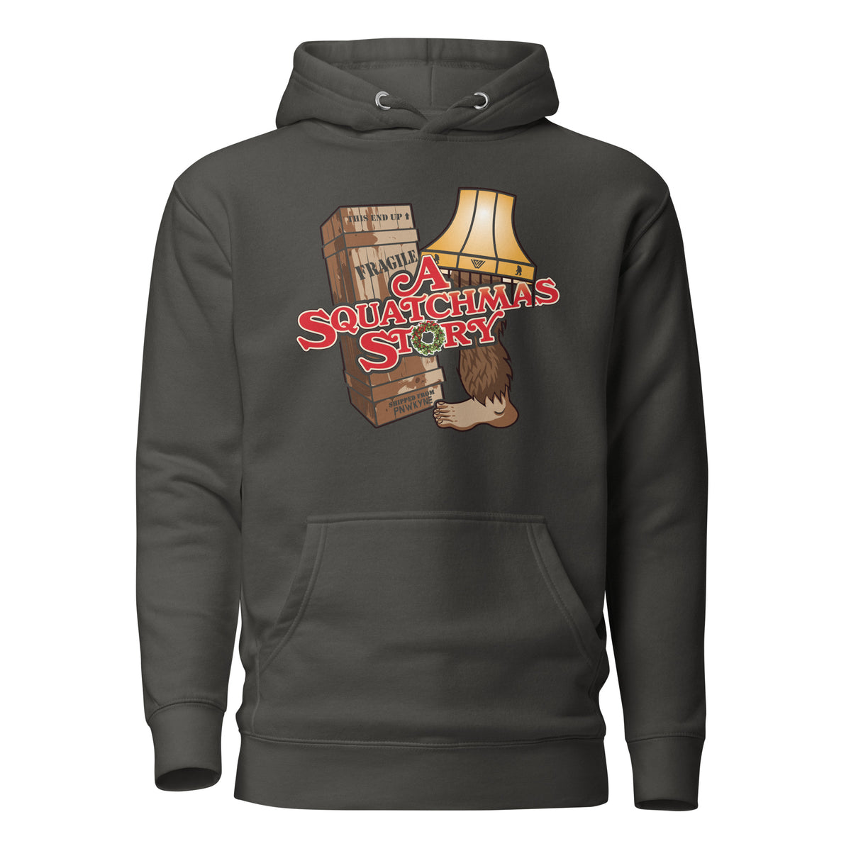 Gray Christmas Story and Bigfoot themed hoodie with 'A Squatchmas Story' graphic design on a white background