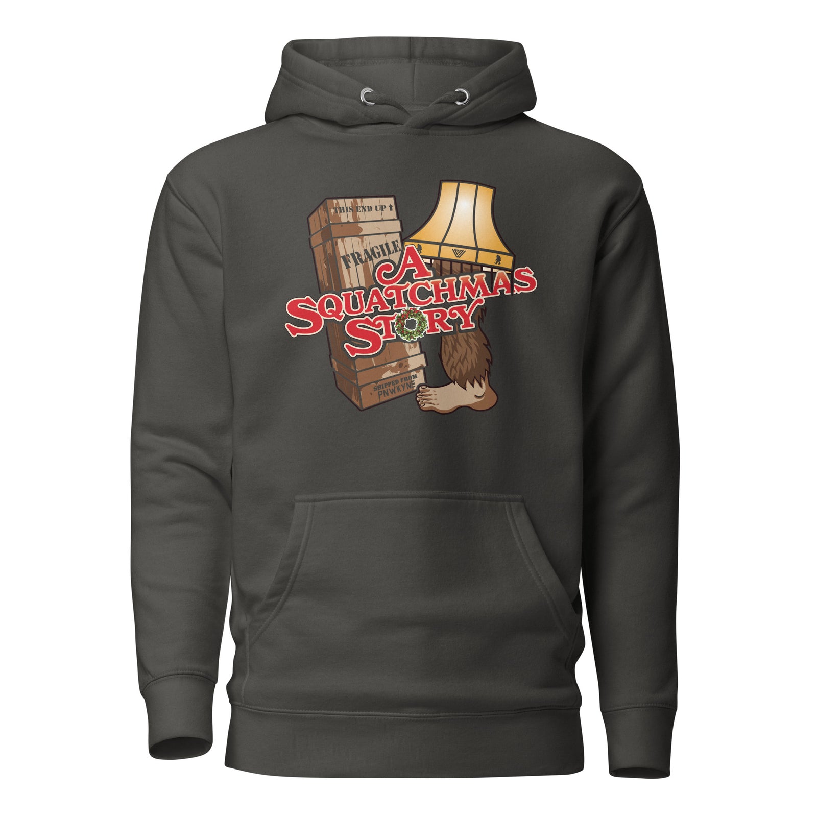 Gray Christmas Story and Bigfoot themed hoodie with 'A Squatchmas Story' graphic design on a white background