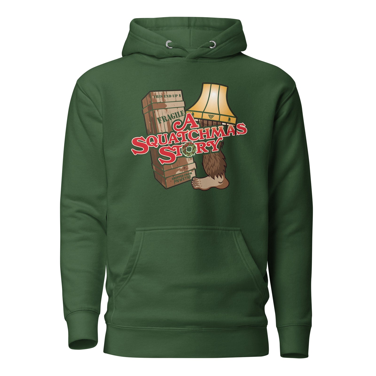 Green Christmas Story and Bigfoot themed hoodie with 'A Squatchmas Story' graphic design on a white background