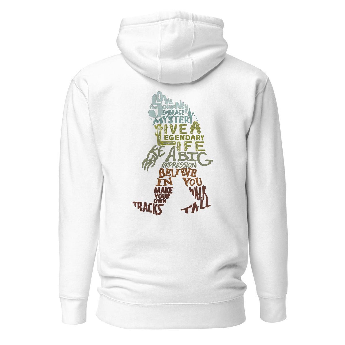 White hoodie with colorful Bigfoot themed text design on the back against a white background