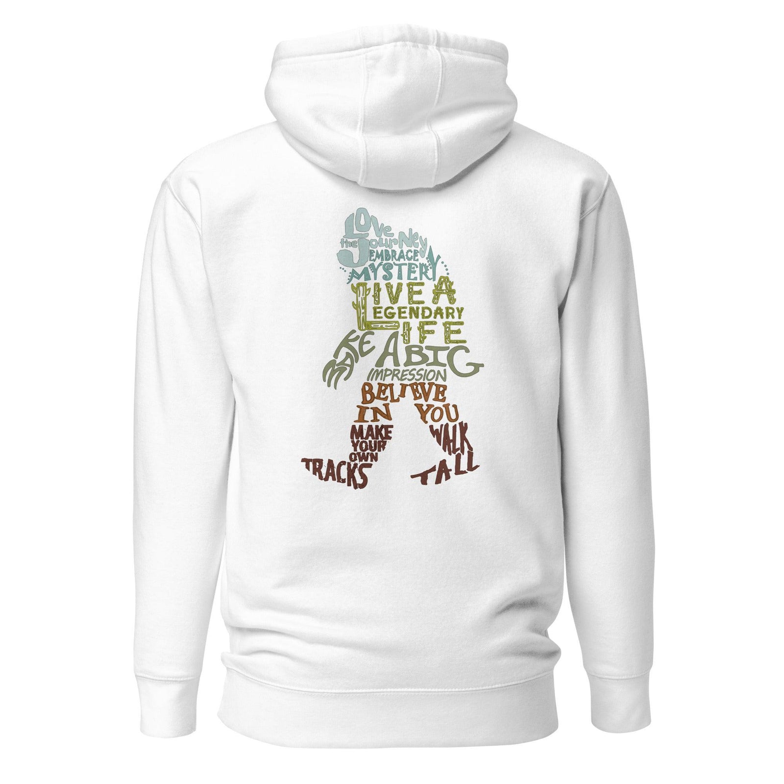 White hoodie with colorful Bigfoot themed text design on the back against a white background