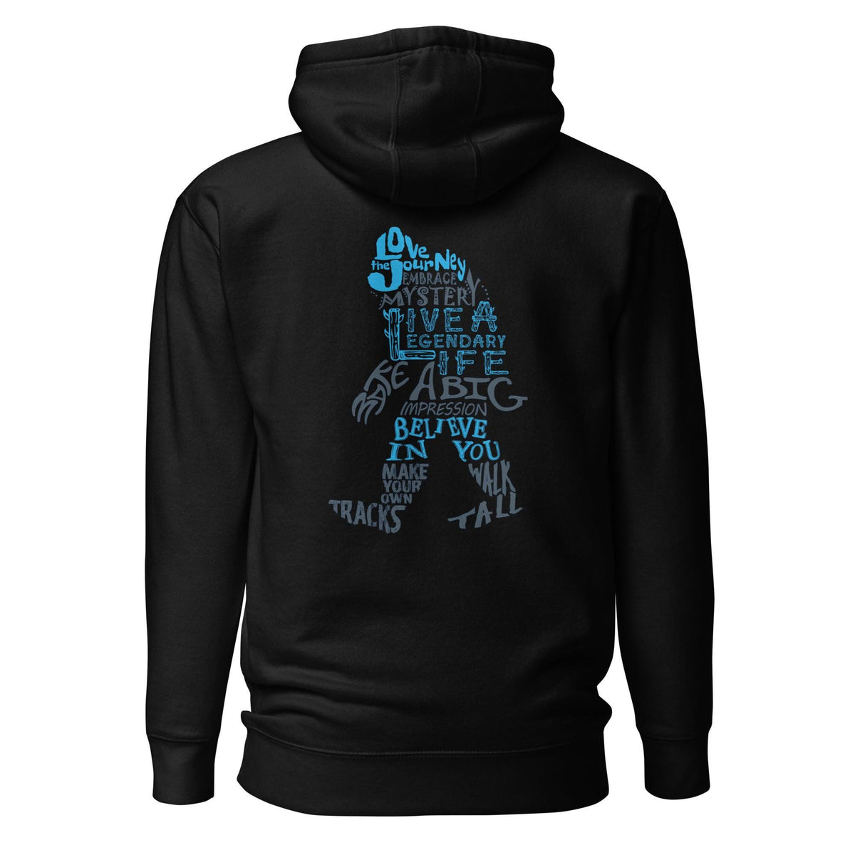 Black hoodie with blue text design in a bigfoot shape on the back against a white background