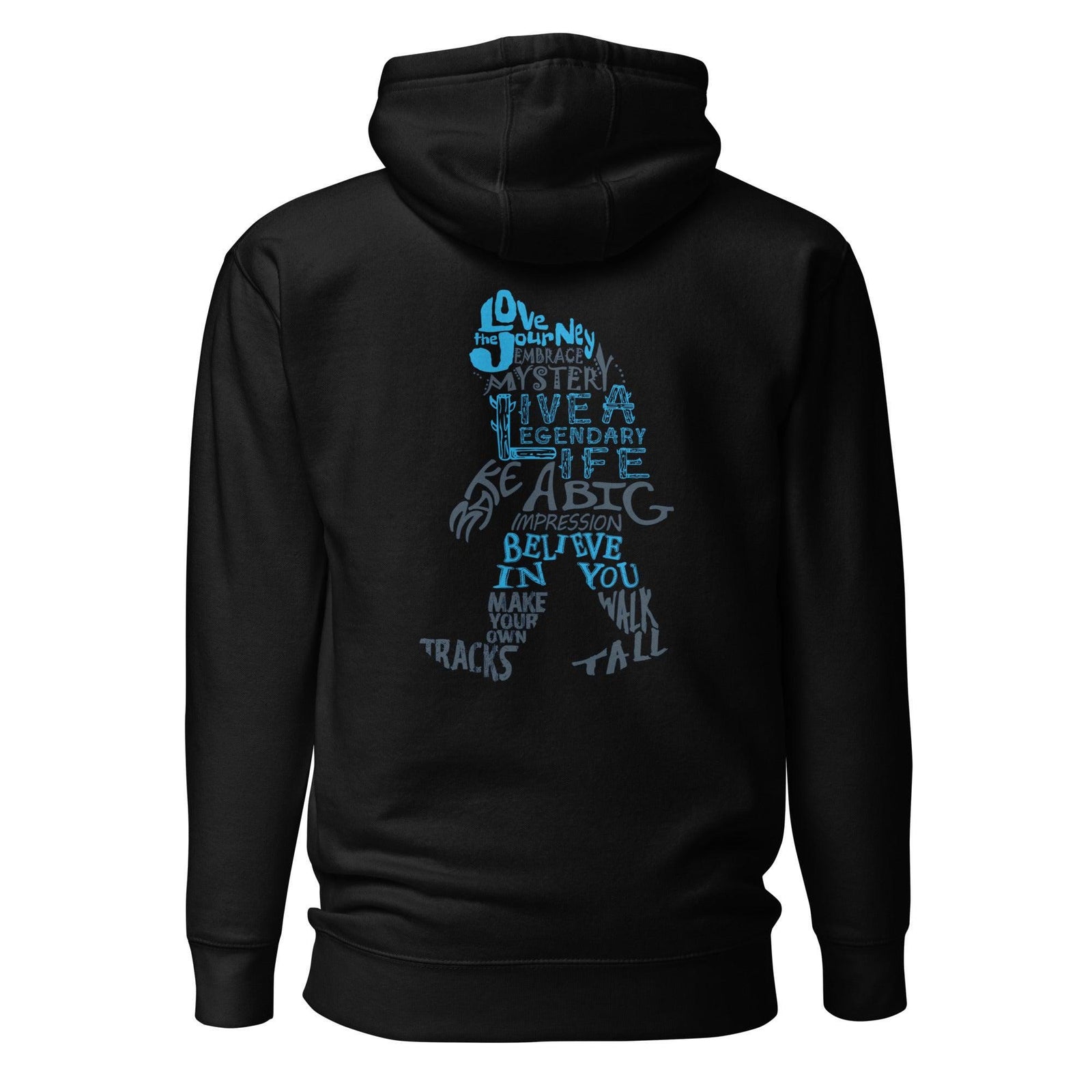 Black hoodie with blue text design in a bigfoot shape on the back against a white background