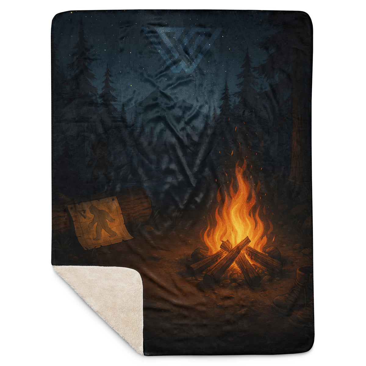 Blanket with a Pacific Northwest campfire and forest design with a sasquatch map on a dark background