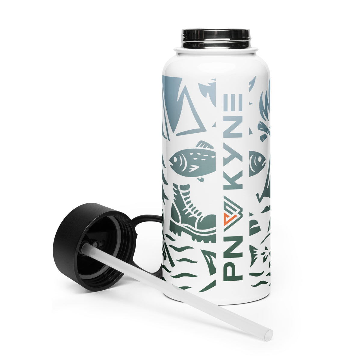 A white 32 oz stainless steel water bottle with a black lid and a full-wrap graphic design featuring outdoor icons like boots, tents, fish, trees, and a campfire. The bottle also displays the 'PNW KYNE' logo and the motto 'We Do It Outdoors'.